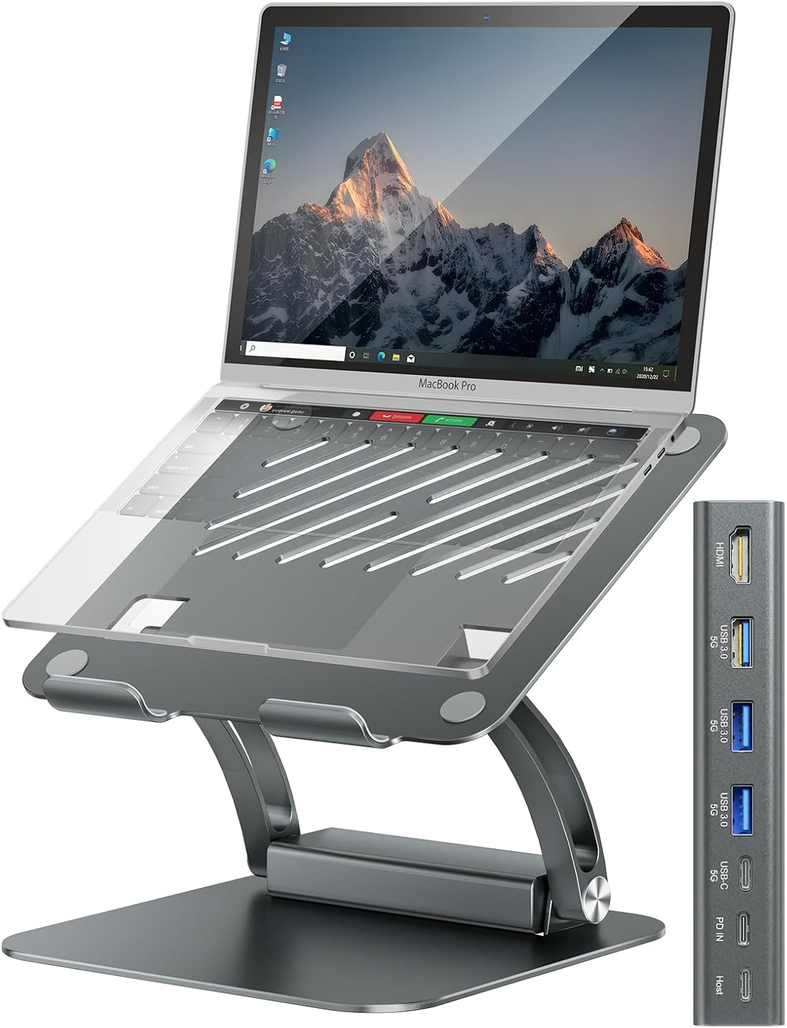 Tounee Laptop Stand with Detachable USB-C Hub, 100W PD Charging, 4K@60Hz HDMI, 3 USB Ports, Ergonomic Laptop Holder Docking Station for 10-17" Laptops, Macbook & More - Gray image number 1