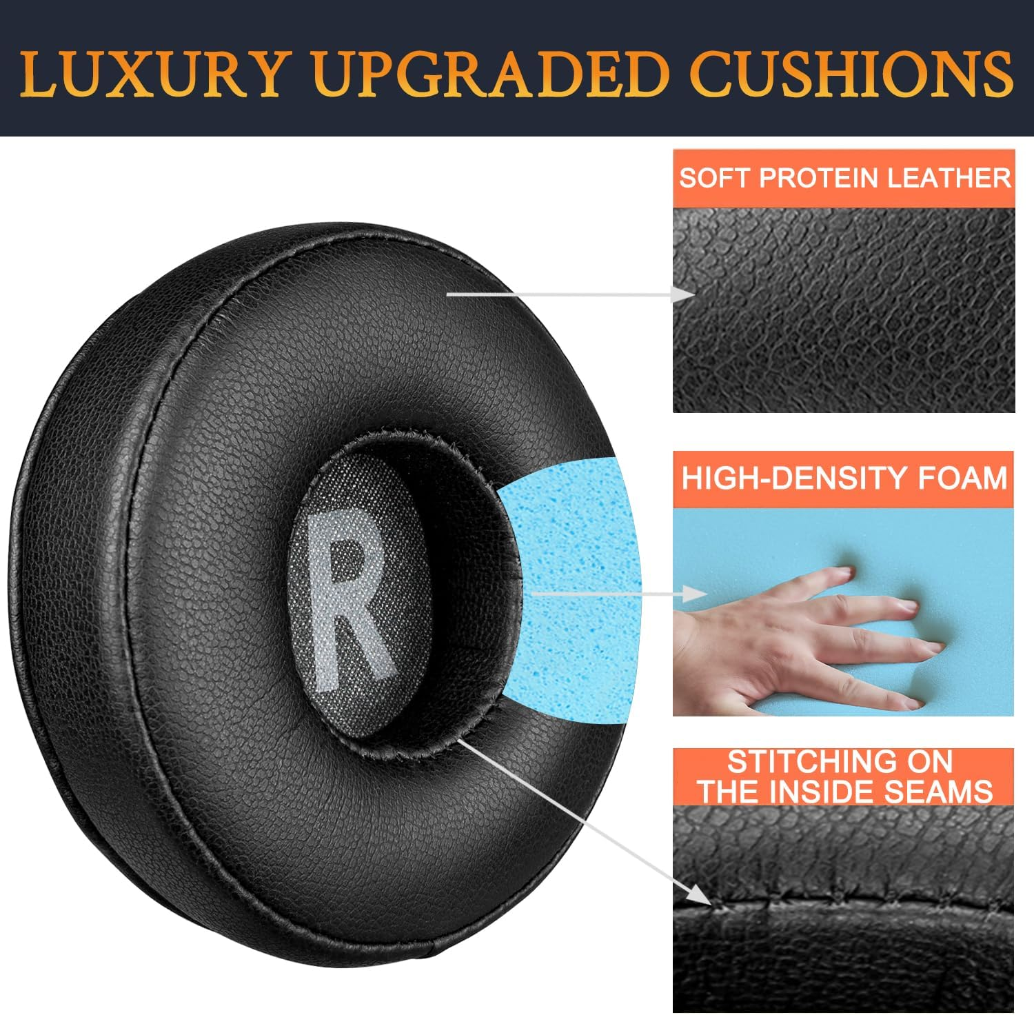 SOULWIT Earpads Replacement for JBL Tune 450Bt/Tune 460Bt/Tune 500Bt/Tune 510Bt/Tune 520BT/JR 300BT/JR 310Bt/E40Bt/Junior 320BT, Ear Pads Cushions with Soft Protein Leather - Black - Cooling Gel - Black Gold image number 7