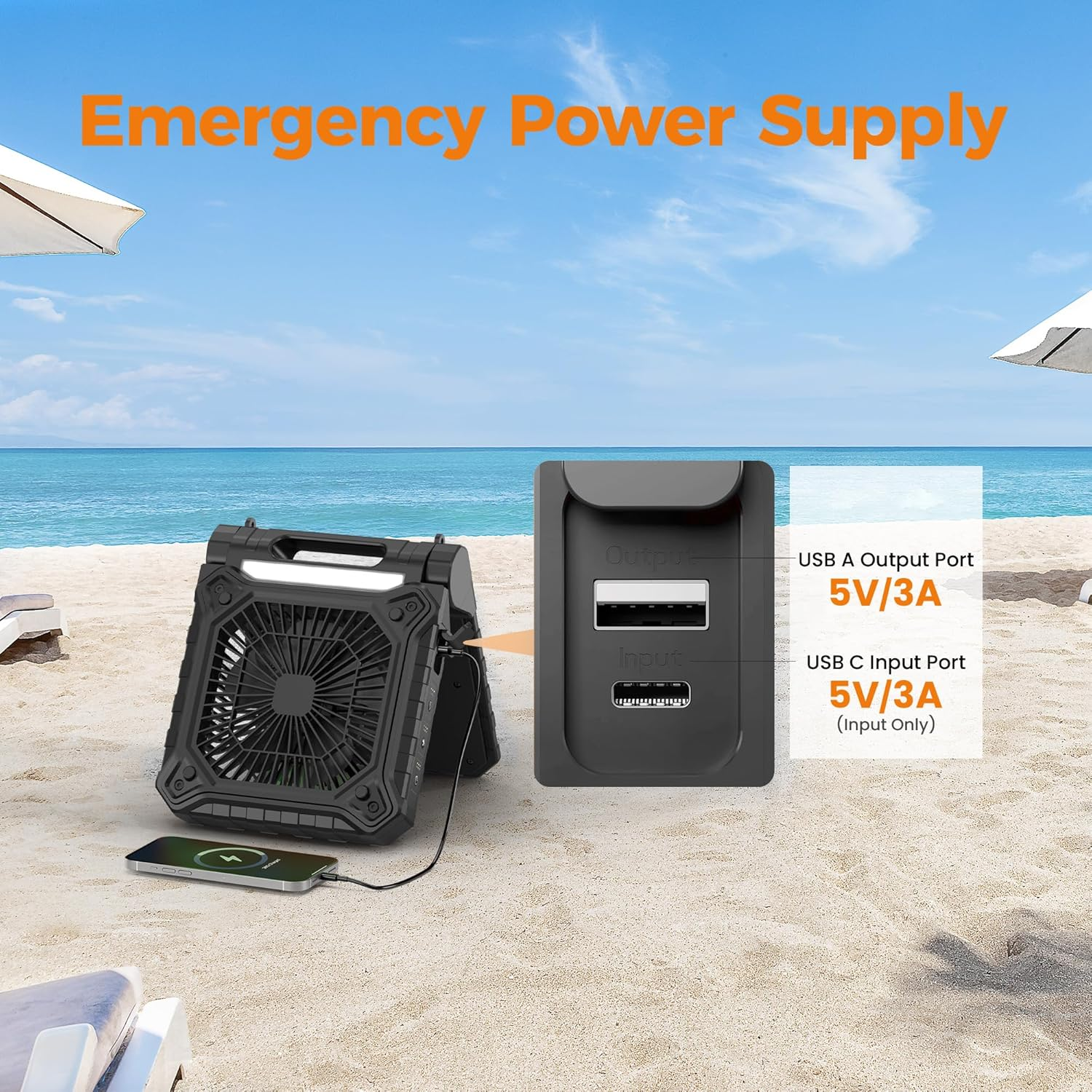 KITWLEMEN Solar Powered Fan - Rechargeable Battery Operated Camping Fan with Lantern, 38H Run Time, 3 Speed, 6H Timer, SOS Signal, Portable Desk Fan for Camping Fishing RV Trips Hurricane Power Outage image number 3