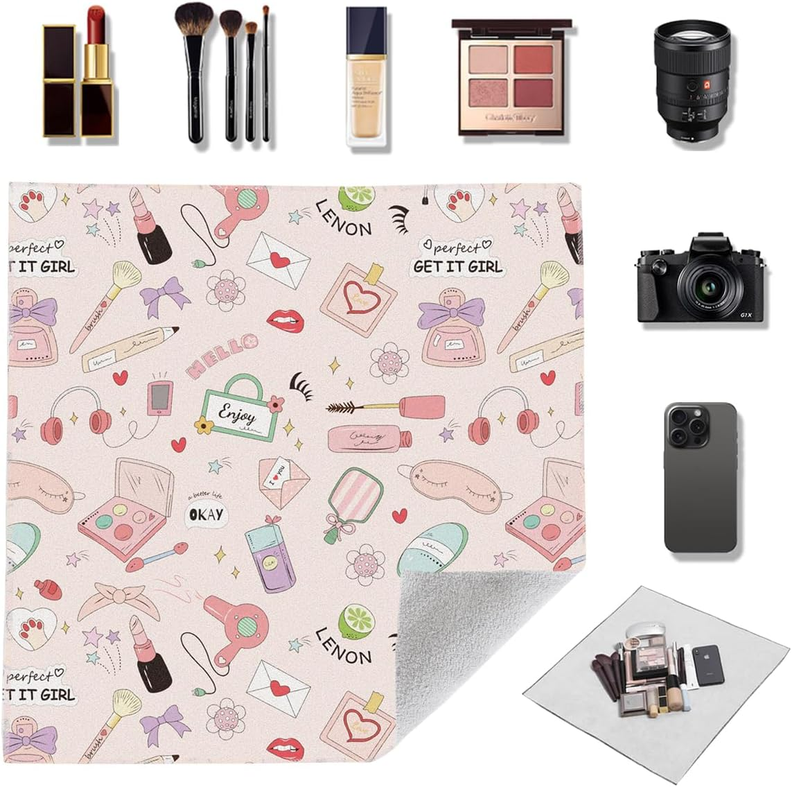 Self-Adhesive Magic Cloth Makeup Bag, Multi-Functional Cosmetic Bag, Portable Make up Wrap for Travel, Open Lay Flat Cosmetic Pouch Storage Organizer for Skincare & Makeup Accessories (Cute, 55 * 55)