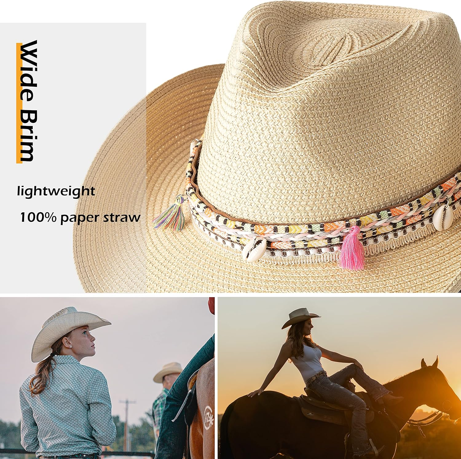 Gossifan Women'S Woven Straw Cowboy Hat W/Beaded Trim Band Hat Beach Holiday Sun Hats