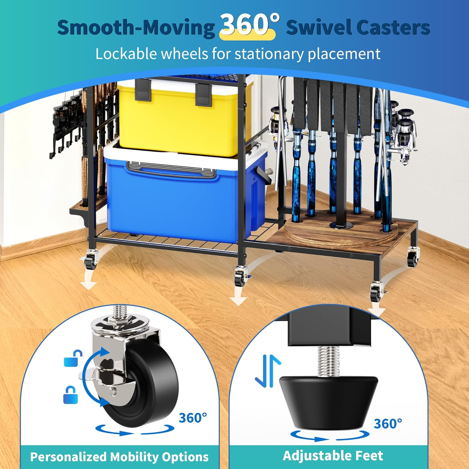 Fishing Rod Holders for Garage, 360&deg;Rotating Fishing Pole Holders, Fishing Rod Rack Cart Holds up to 12 Rods, Fishing Rod Storage Stand Equipment Organizerfor Men image number 4