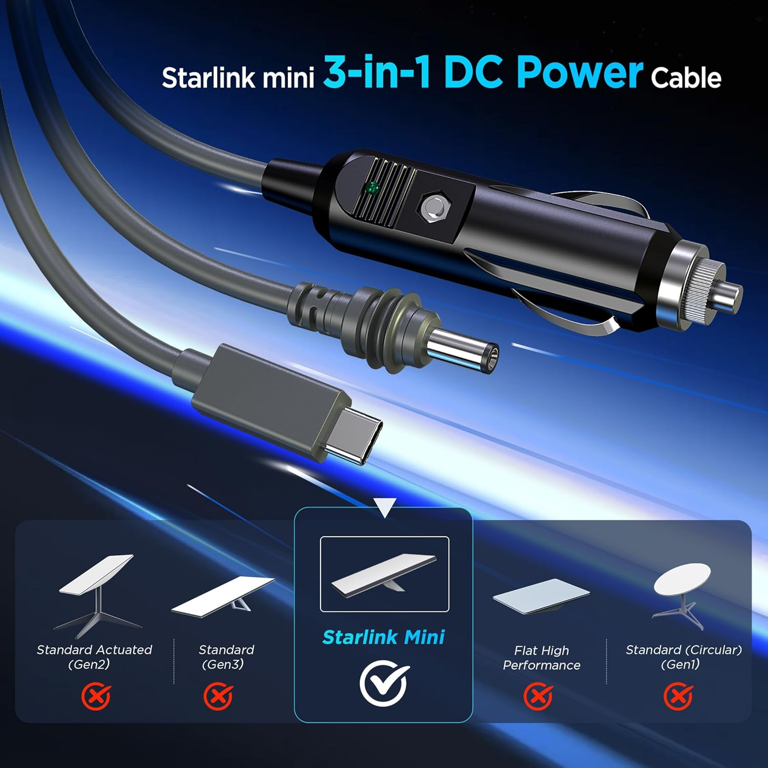 3 in 1 Starlink Mini Cable 10FT/ 3M, High-Speed USB C/Car Charger/Dc to DC Replacement Waterproof Extension Starlink Mini Power Cable Accessories