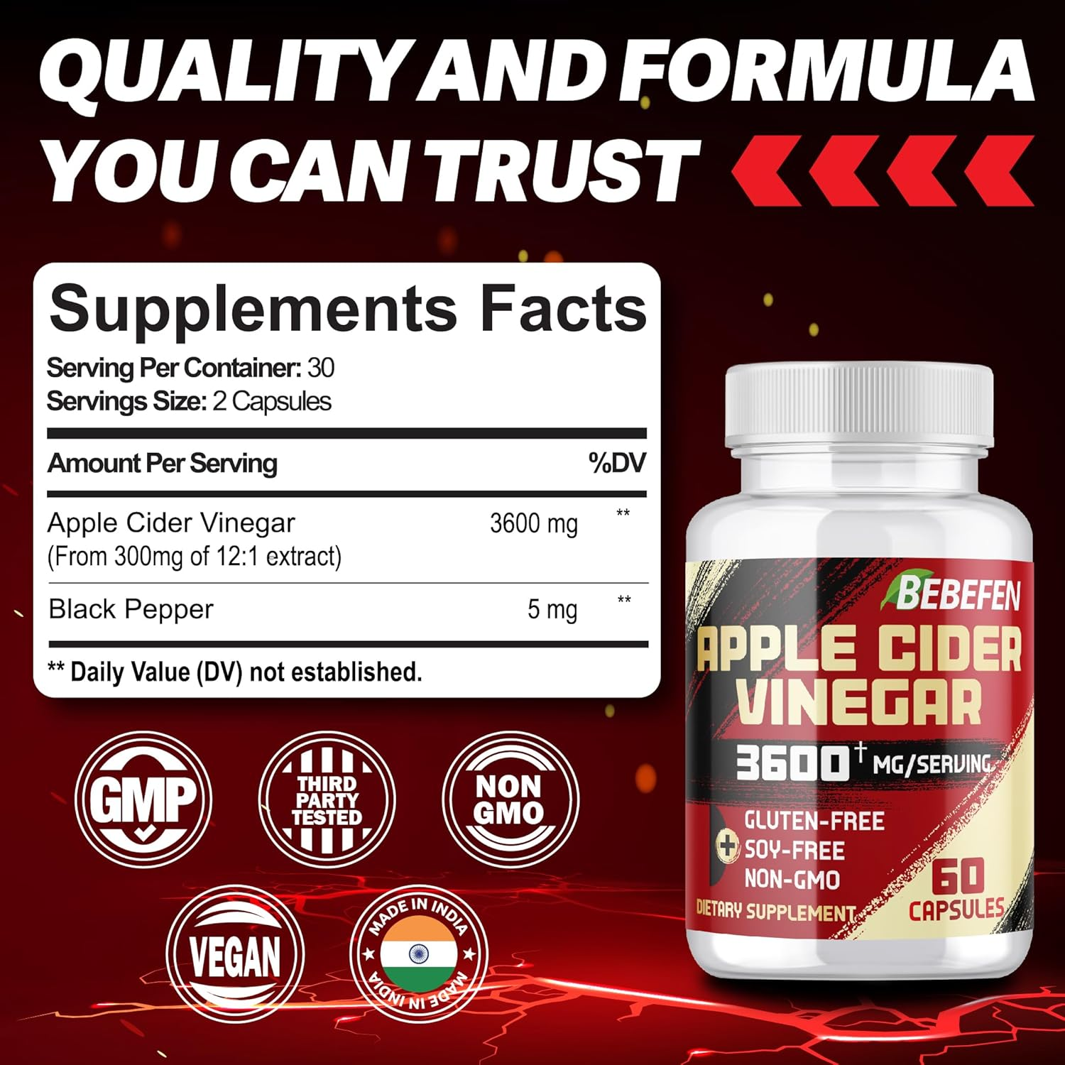 BEBEFEN Apple Cider Vinegar Capsules 3600Mg per Serving Extra Strength - Non-Gmo, Gluten Free Supplement - 60 Count image number 1