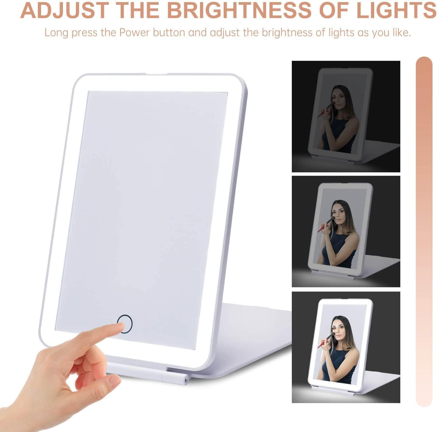 Travel Makeup Mirror with 3 Color Light and 10X Magnifying Mirror, Dimmable Touch Screen, Rechargeable Lighted Makeup Mirror with Cover and a Storage Bag, Portable Foldable (White) image number 1