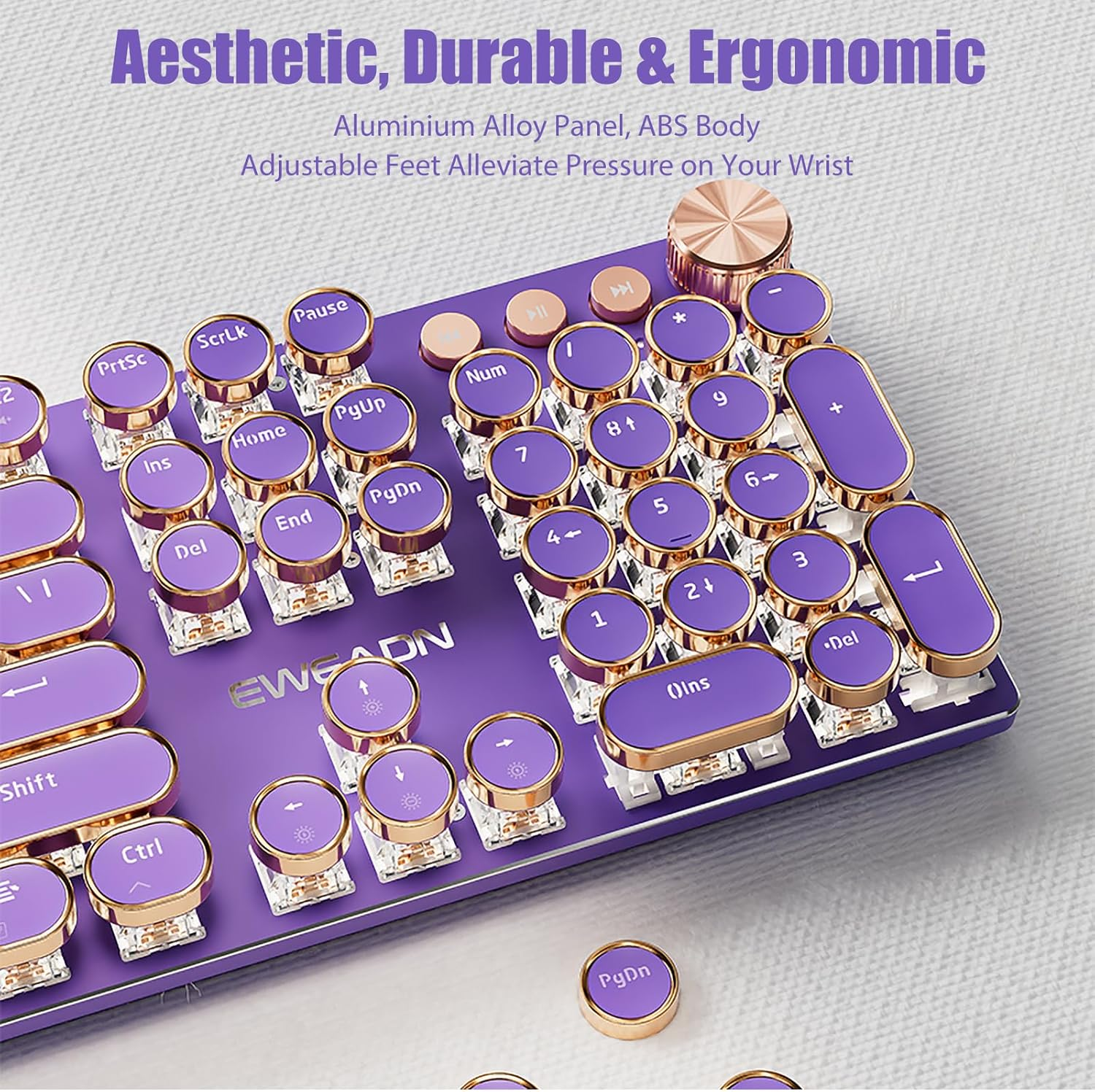 TISHLED Typewriter Style Mechanical Gaming Keyboard White LED Backlit 104-Key NKRO Pink Switches Retro round Keycaps Golden Ring Volume Knob Metal Panel Wired USB-C Detachable Cable, Purple - Purple image number 5