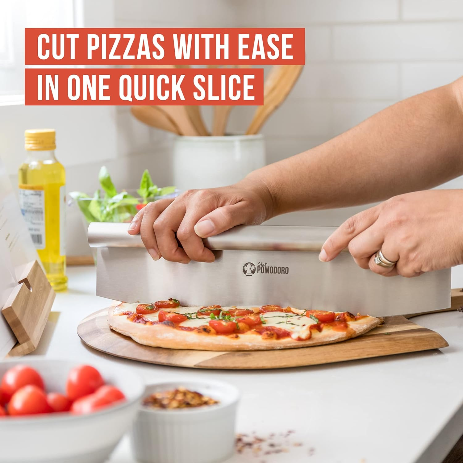Chef Pomodoro Pizza Peel 12X14" (30X36 Cm) & 14" (36 Cm) Stainless Steel Pizza Rocker Cutter Set - Metal Pizza Peel Paddle, Pizza Spatula Paddle, Pizza Cutter Rocker Blade, Pizza Slicer image number 5