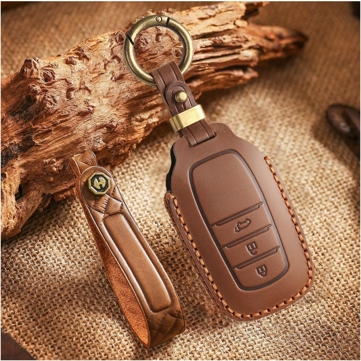 Ontto Cowhide Car Key Cover Fit for Toyota RAV4 Corolla Hilux Landcruiser Prado Camry Yaris Cross Highlander Key Holder Leather Case Keyring Keychain Smart Shell Accessories 3 Buttons Brown - 2 Buttons-Black image number 6