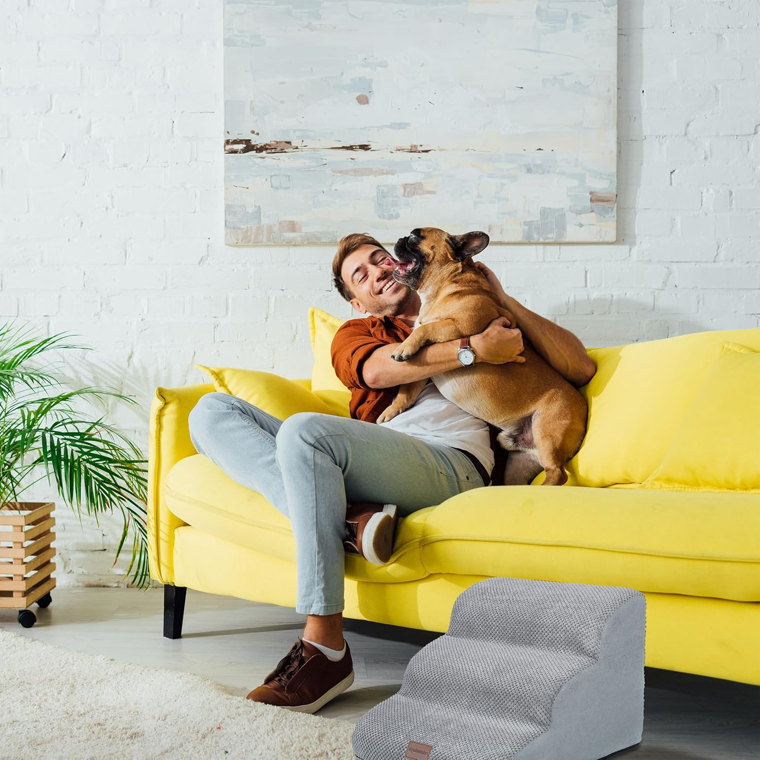 Relaxdays Dog Stairs 3 Steps for Dogs & Cats, HBT: 33 X 41 X 54 Cm, Soft Pet Stairs, Bed and Couch, Grey image number 1