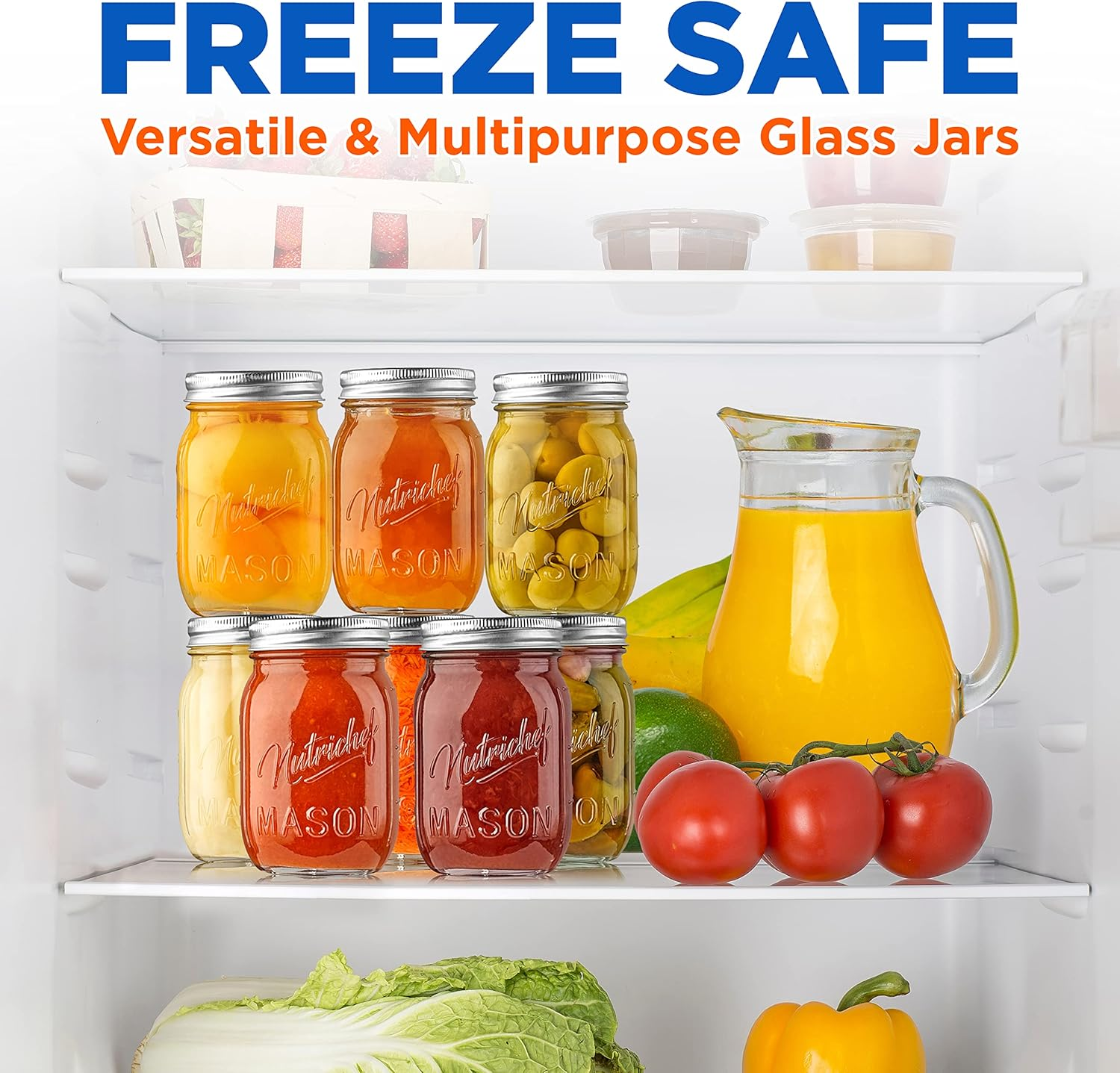 Nutrichef, Mason Jars, Glass Container Food Storage, Meal Prep Containers with Lids, Overnight Oats Jar, Glass Jar with Lid, Spice Container, Canning Jar, Ideal For: Wedding Favors, Crafts, Pickling,8