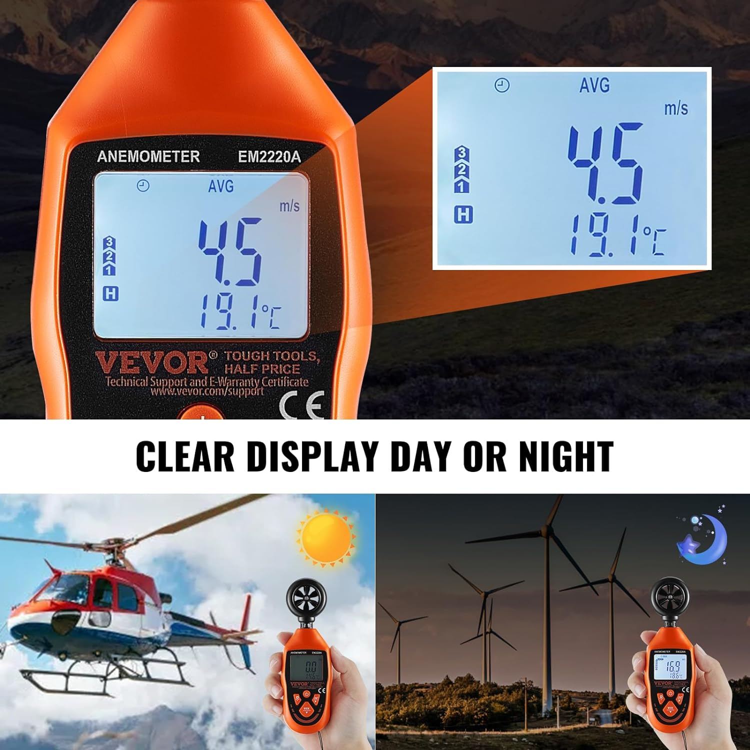 VEVOR Handheld Anemometer, -10℃ to 45℃, Digital Wind Speed Meter Gauge with LED Backlight Screen, Measures Wind Velocity Temperature Air Flow, for Sailing Surfing Drone Flying HVAC image number 4