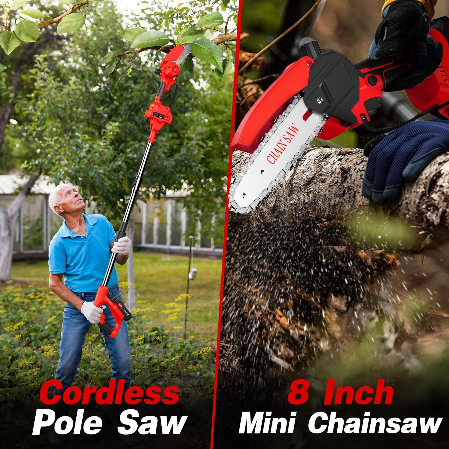 Lmozim 2-In-1 Cordless Pole Chainsaw & Mini Handheld Chainsaw, 21V 8 Inch Electric Poles Pruner, Extension Rod up to 153Cm, 2 Replaceable Chains Tree Pruning Pole for Garden Yard Red 4000Mah Battery image number 1