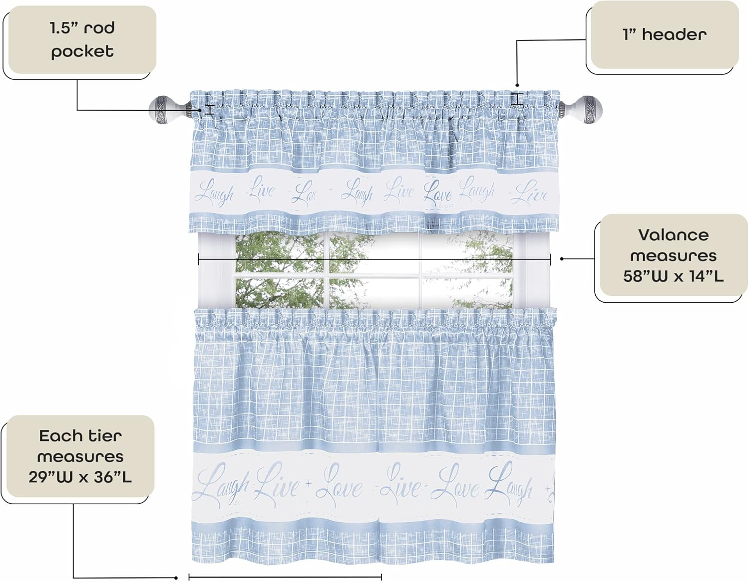 Tier and Valance Window Curtain Set - 58 Inch Width, 36 Inch Length - Live, Love, Laugh (Light Blue) - Light Filtering Drapes for Kitchen, Bedroom, Living & Dining Room by Achim Home Decor image number 5