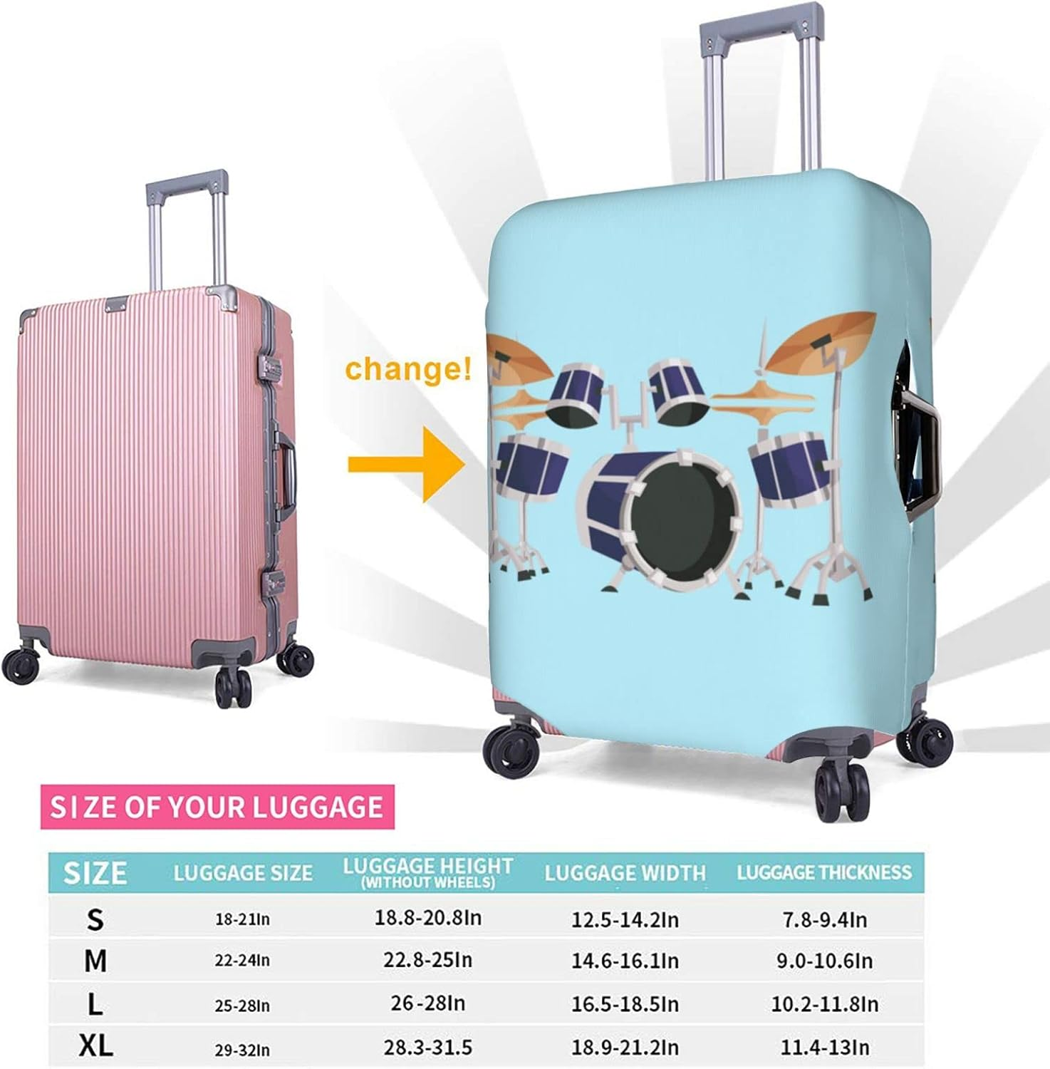 Jazz Drum Luggage Cover Anti-Scratch Suitcase Protector Fits 18-32 Inch Luggage