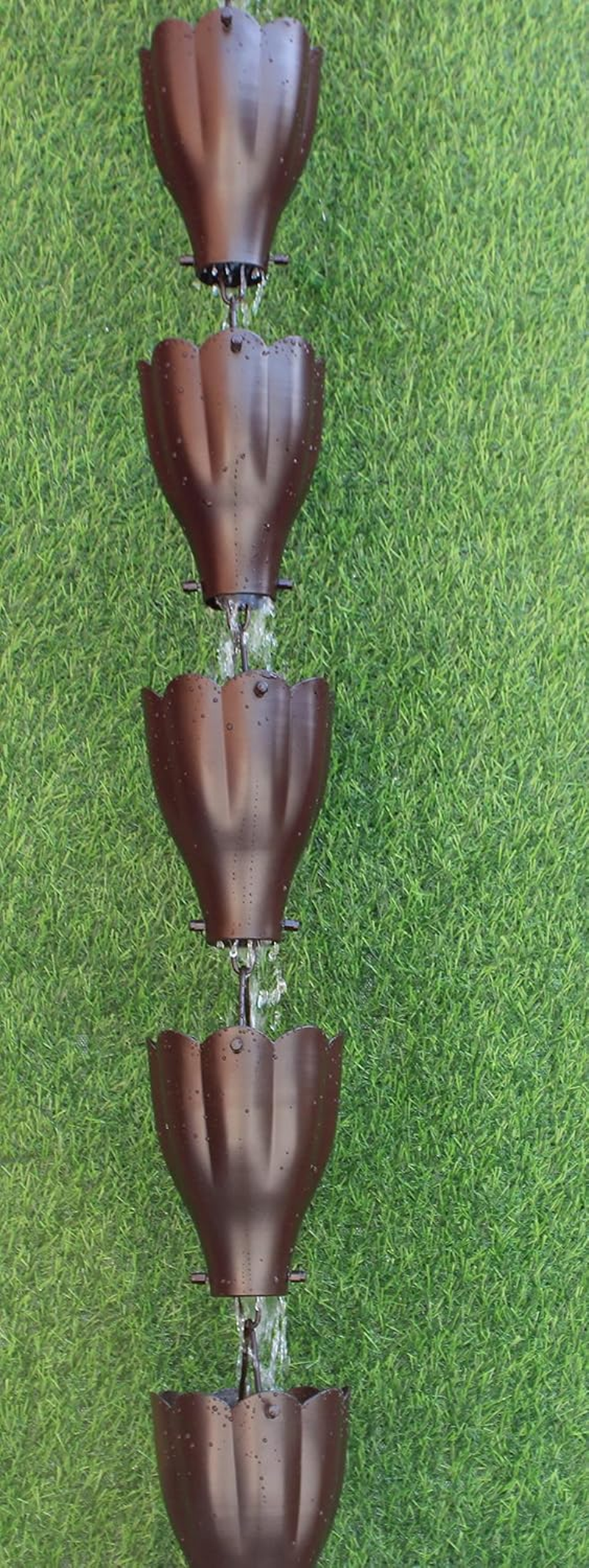 KAM Home XL Scallop Aluminium Cups Bronze Rain Chain (8.5Foot) with Brass Bolt Gutter Adapter for Rain Chain Installa, Standard image number 2