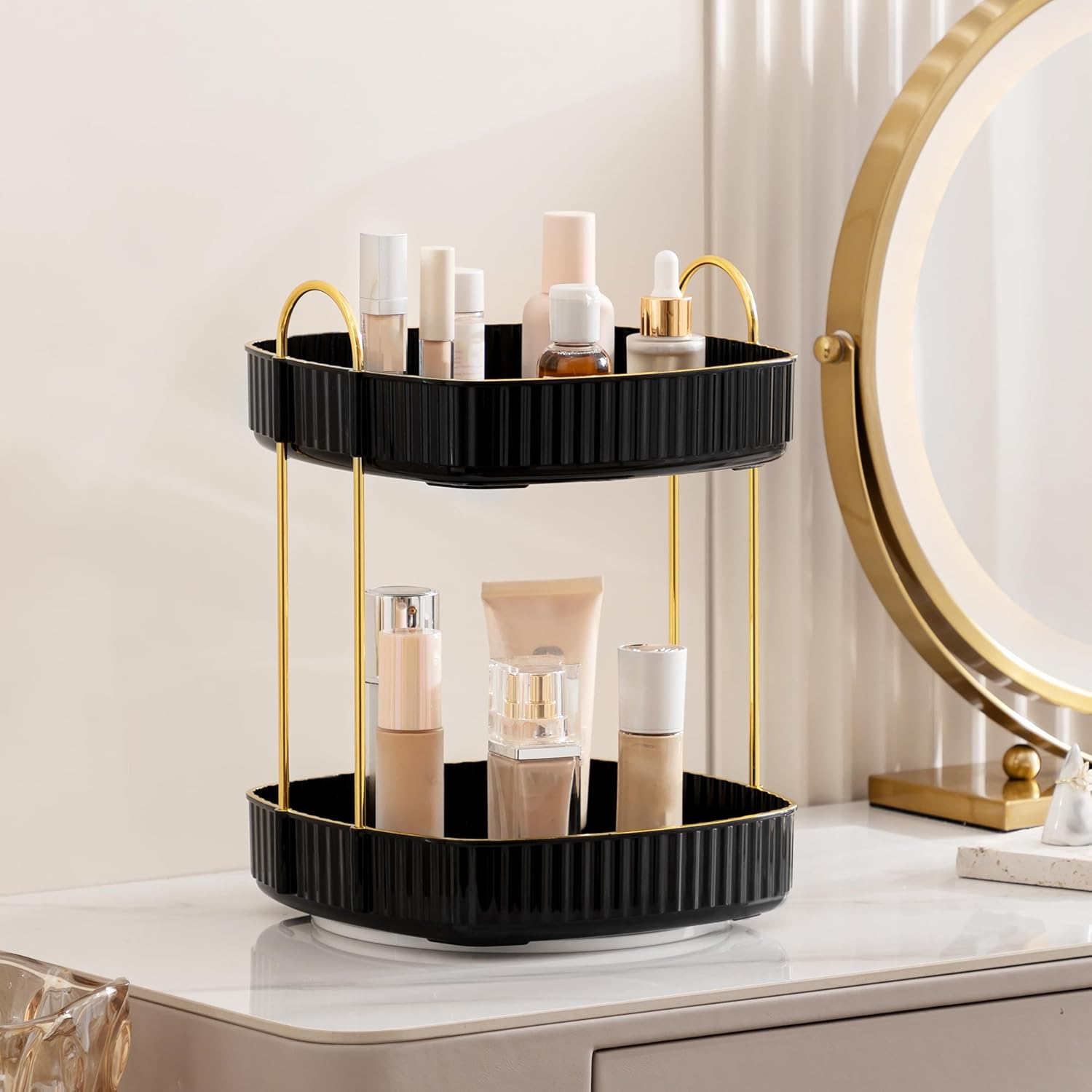Makeup Organiser Rotating, Square 2 Tier Cosmetic Perfume Beauty Skincare Organiser Stand,Large Capacity 360 Spinning Organiser Storage for Vanity Bathroom Desk Countertop,Black image number 5