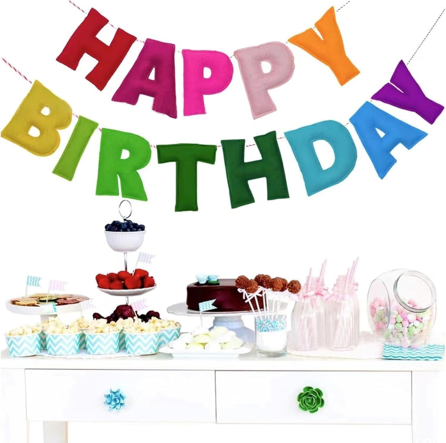 Lumjoy 118 Inch Pre-Strung Rainbow Felt Happy Birthday Banner & Felt Ball Garland Set image number 3