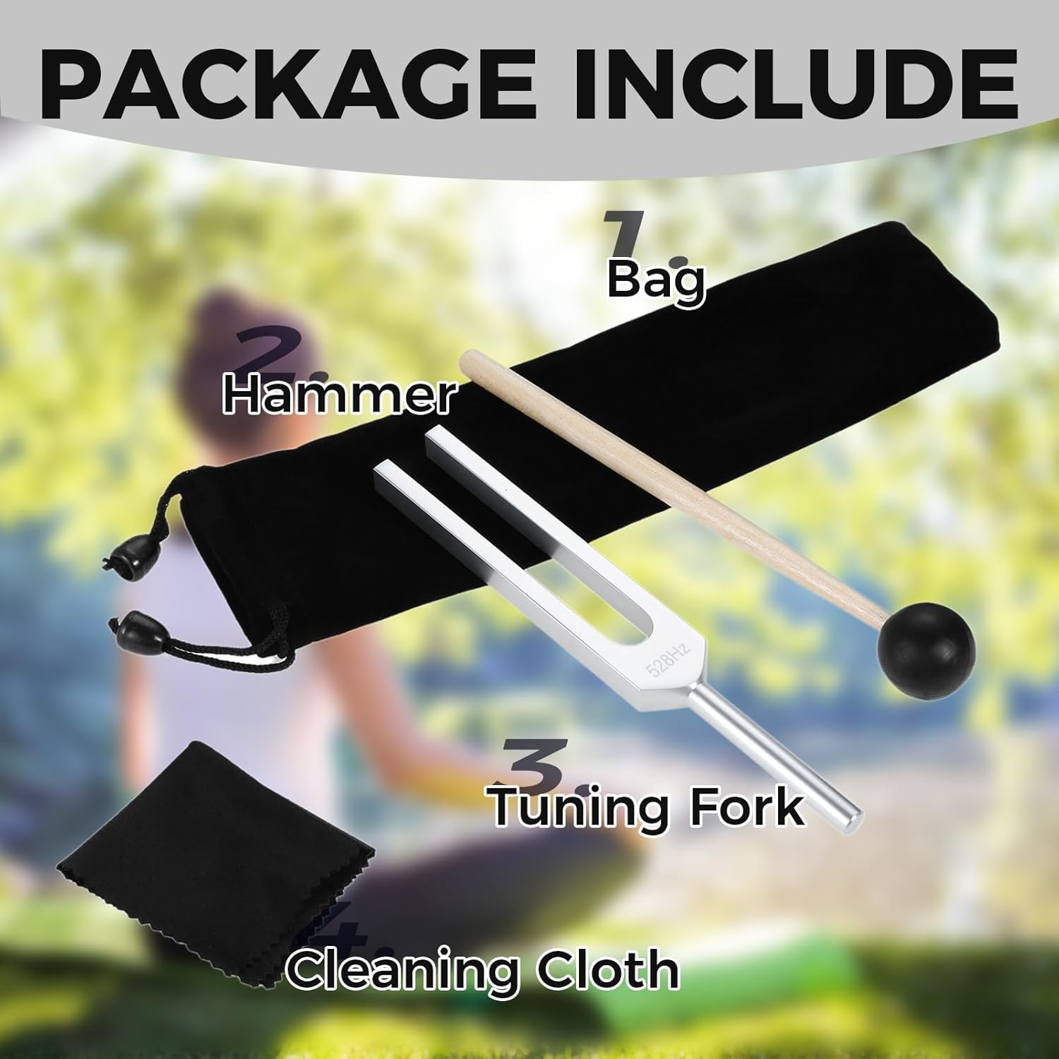 528 Hz Tuning Fork for DNA Repair Healing, Perfect Healing, Musical Instrument, Sound Therapy, Vibration, with Silicone Hammer, Bag and Cleaning Cloth image number 3
