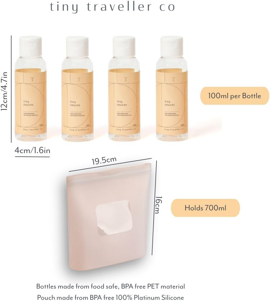 Tiny Traveller Co - Leak-Proof Squeeze Bottles for Sauces with 700Ml Silicone Storage Pouch, Compact Mini Dressing Bottles, Bpa-Free, Ideal for Sauces, Oils, Dressings, and Vinegars - 4 X 100Ml image number 2