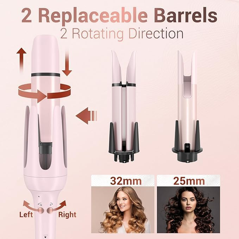 Automatic Curling Iron, Hair Waver with Anti-Tangle & Auto-Off, Hair Curler Replaceable Curling Wand with 2 Sizes Barrel (1", 1.25") & 3 Temps, Double Voltage Rotating Curling Iron (Pink, Medium)