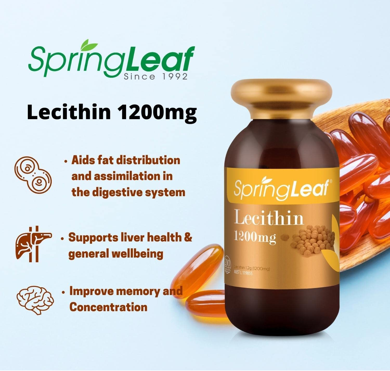 Spring Leaf Super Lecithin 1200Mg 200Cap - Assist Fat Break down & Digestive Health - Support Liver & Blood Vassal Health image number 1