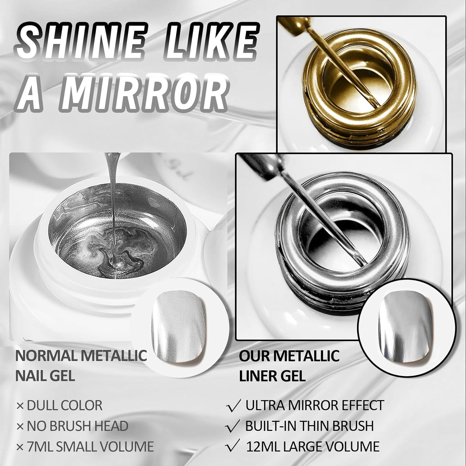 U-Shinein Metallic Mirror Painting Gel Nail Polish, Ultra Mirror Silver & Gold Metal Painted Drawing Gel with Build in Thin Brush, Chrome Gel Polish Nail Art Gel Liner Soak off DIY Nail Art 2X12 Ml - Mirror Silver + Rose Pink image number 5