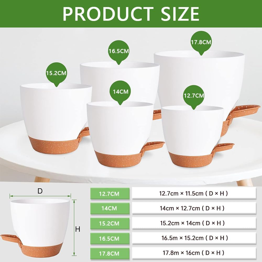 5 Pack Self Watering Plant Pots with Drainage Holes and Trays &ndash; 7/6.5/6/5.5/5 Inch Modern Decorative Plastic Planters for Indoor Outdoor Plants, Succulents, Flowers, Herbs image number 4