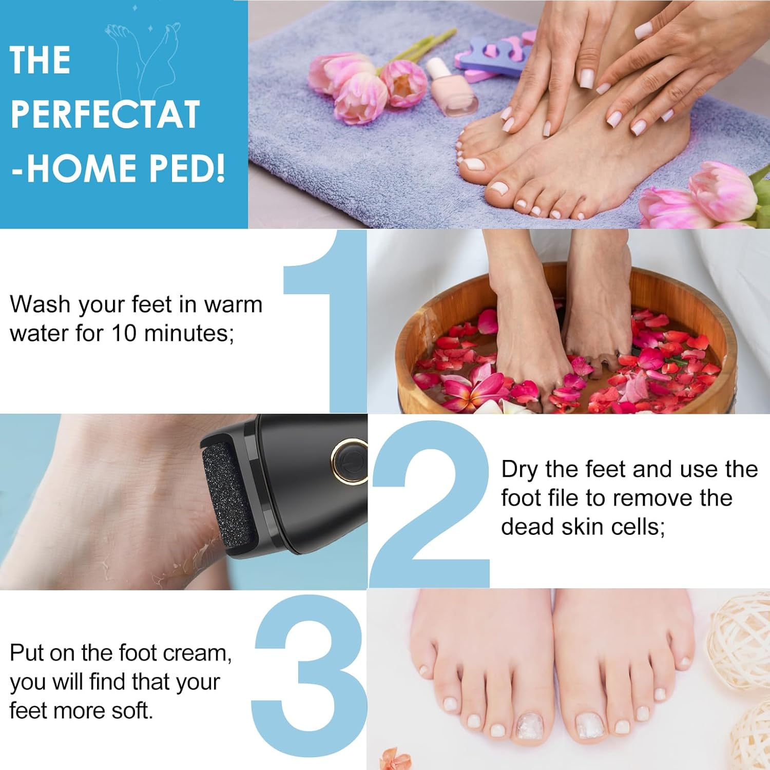 Electric Foot File - Callus Remover for Feet, Adjustable 3 Speed Rechargeable Waterproof Professional Pedicure Kit with 16 in 1 Foot Callus Remover Perfect for Dead Skin Calluses Hard Skin Dry Cracks image number 4