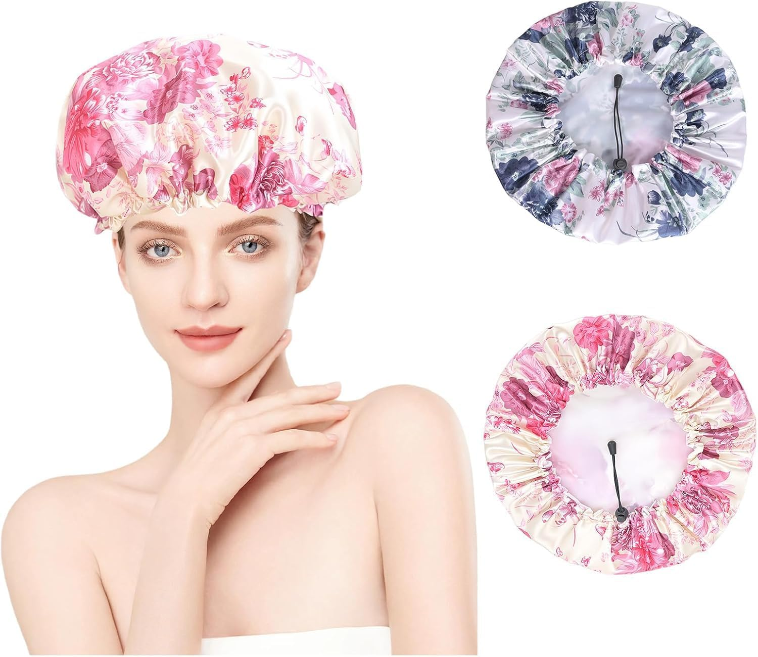 Large Reusable Shower Caps, Double Layer Elastic Shower Cap for Women, Waterproof Adjustable Hair Bath Caps for Long Hair (White, Pink, One Size) image number 4