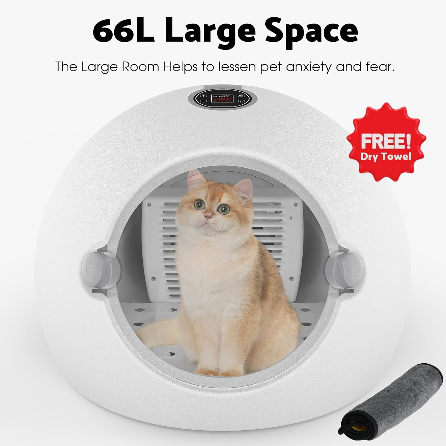 Advwin Automatic Pet Dryer Box 66L Capacity, Ultra Quiet Fast Hair Dryer for Cats and Small Dogs, 360&deg; Drying and Touch Panel, Smart Temperature Control, Pet Grooming image number 4