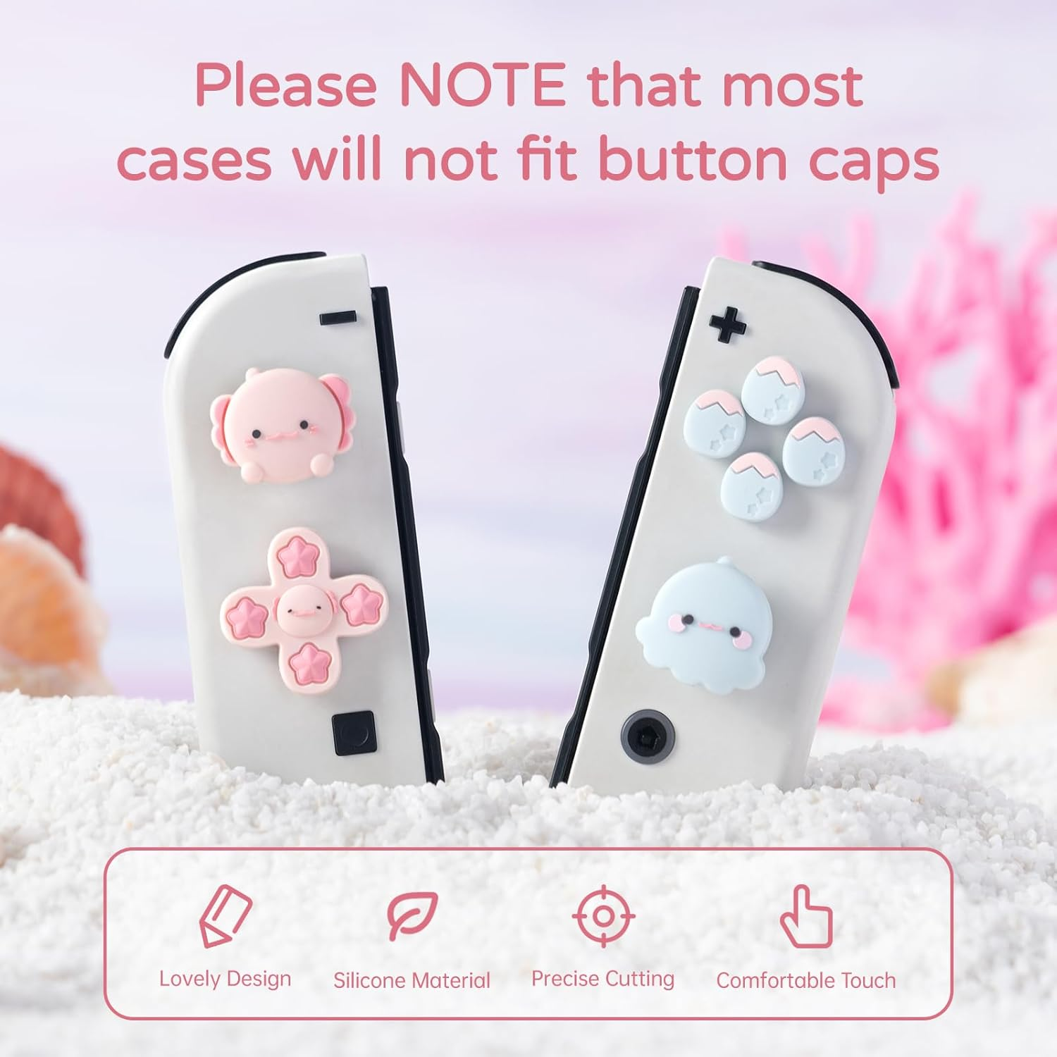 BUBBLELOGUS Soft Silicone ABXY Key Buttons Sticker Joystick Cover, Cute Cross D-Pad Button Caps Thumb Grips Set for Nintendo Switch/Oled Controller - Ocean Friends image number 4
