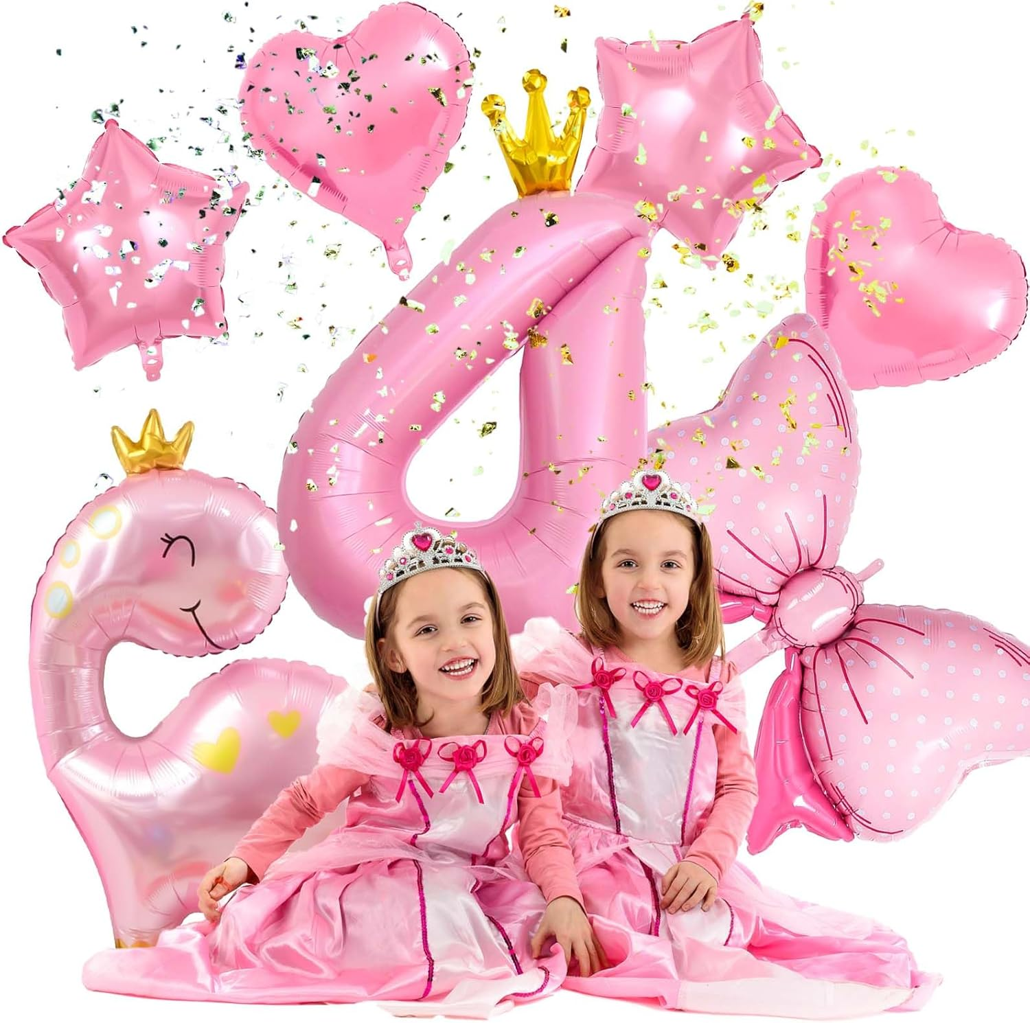 40 Inch Number Balloon Pack, Cute Crown Dinosaur and Star Bow Heart, Pastel Pink Dino Birthday Decoration for Girls (4) image number 4
