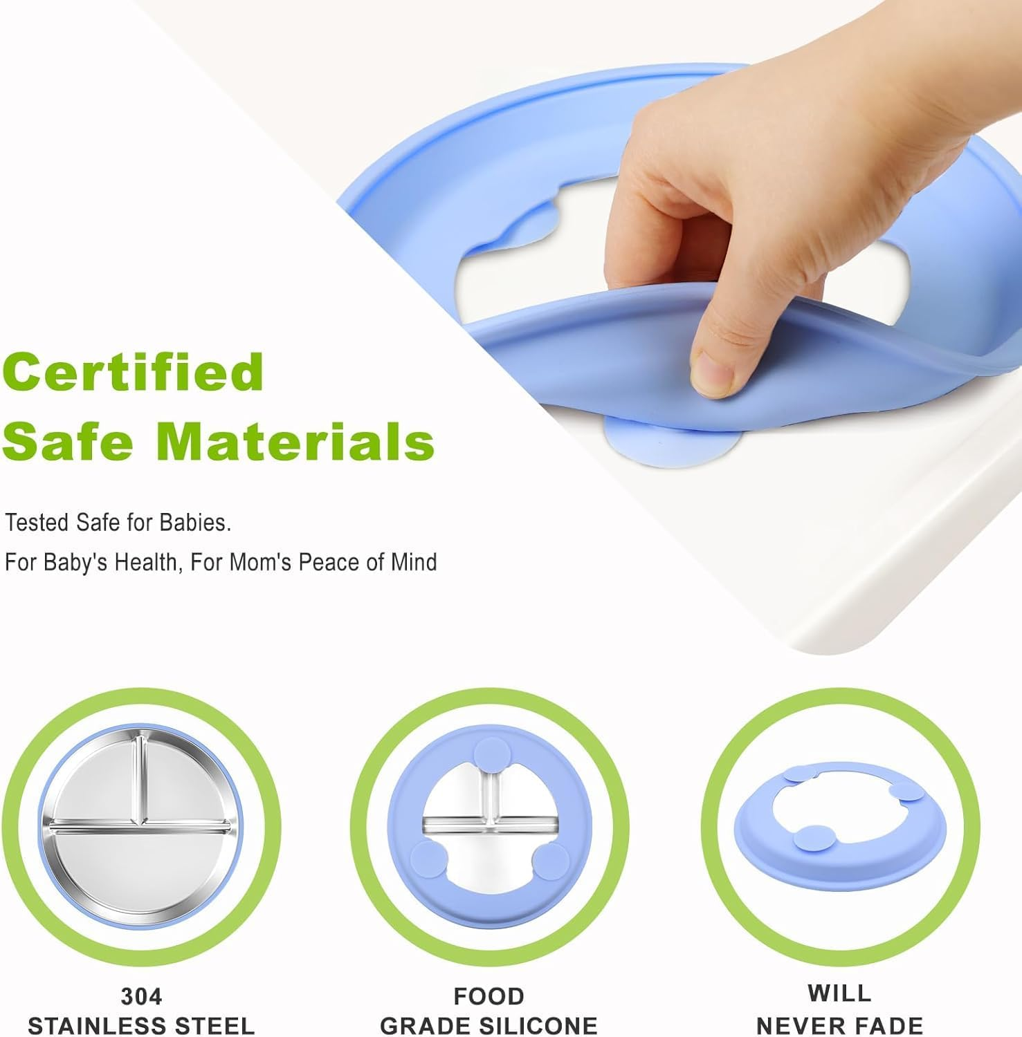 2-Pack Stainless Steel Baby Plates with Suction, 9"/ 23 Cm Divided Bpa-Free Kids Plates, Non-Slip Toddler Plates, (Blue+Pink) - Green+Purchase image number 3