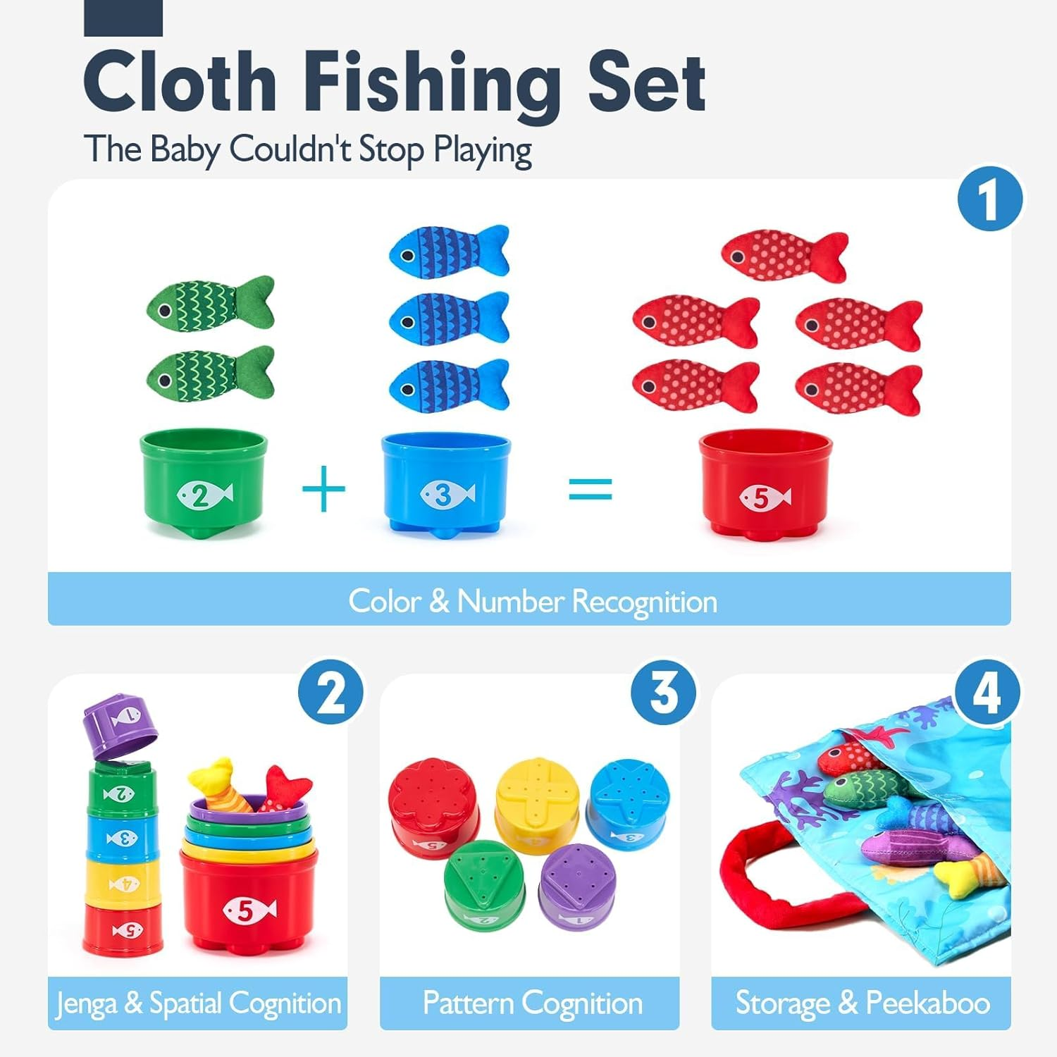 22 Pcs Toddler Toys Montessori Toys for 1 Year Old Boy Girl Birthday Gift10 in 1 Cloth Fishing Game for Toddlers with Stacking Cups-Number Counting, Color Sorting, Shape Learning Baby Toys Baby Gifts image number 5