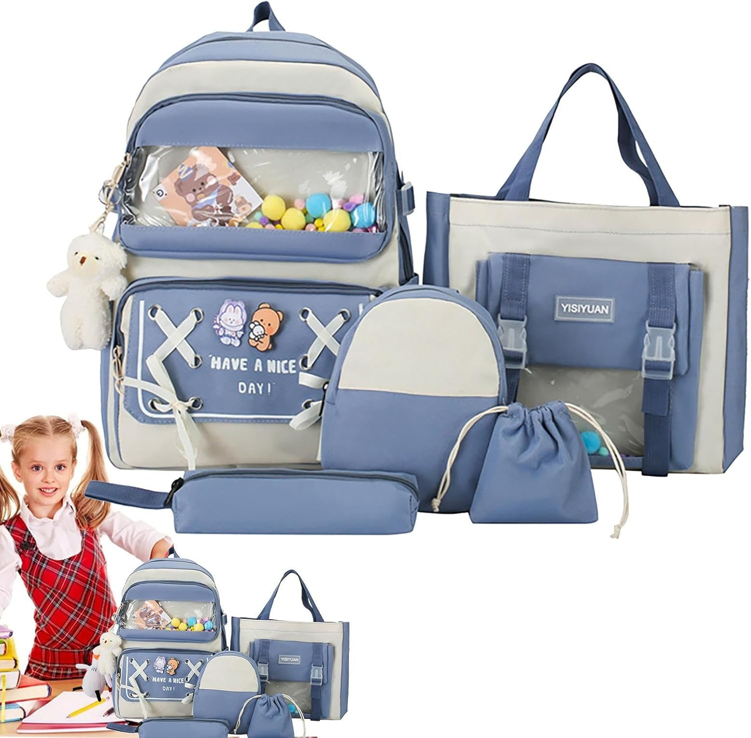 POCHY Girls School Backpack, Cute School Bags for Girls, 5 Set, Teen Casual Backpack, Secondary & Middle School, Waterproof image number 3