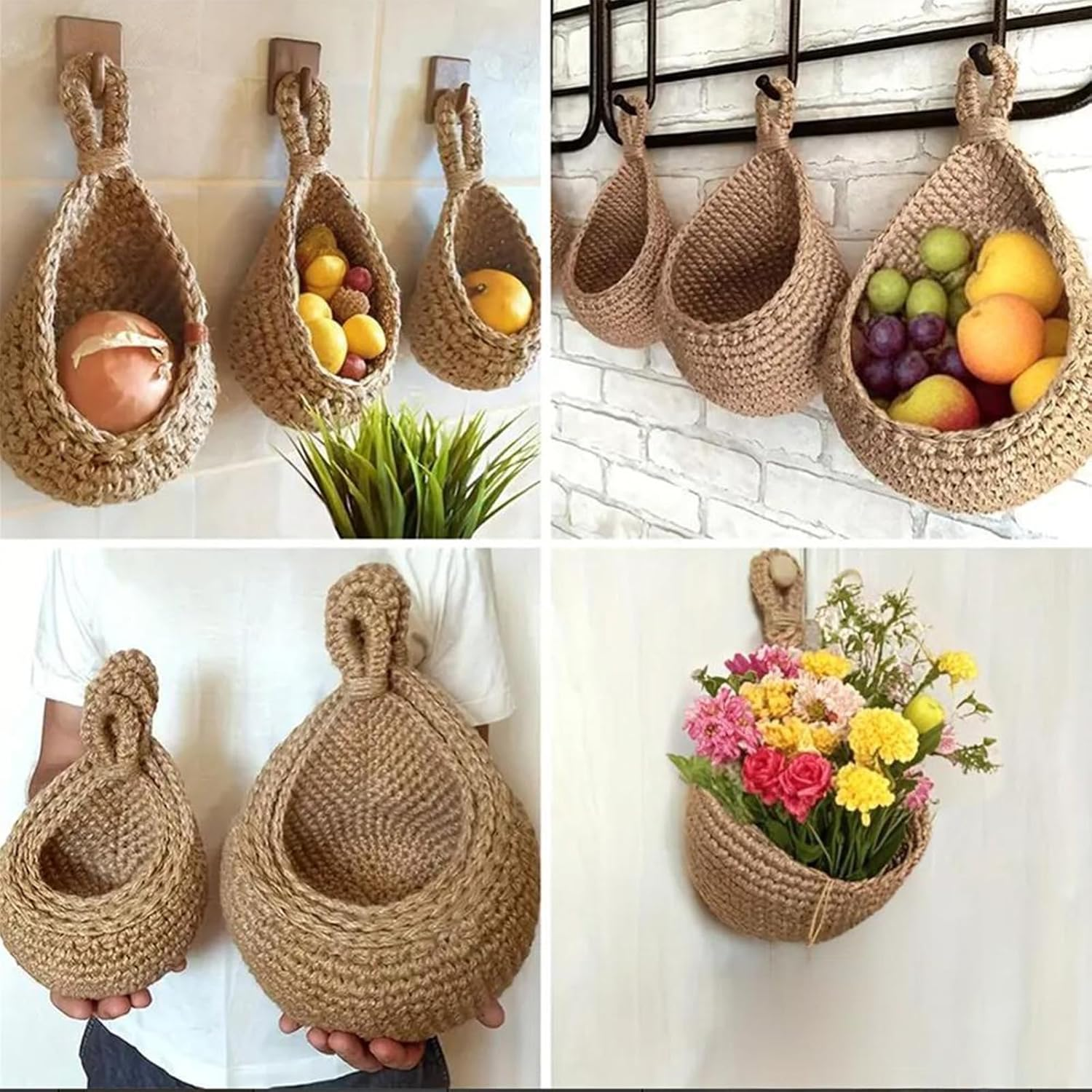 Hanging Wall Vegetable Fruit Baskets for Fruits, Hanging Baskets for Vegetables, Onions, Potatoes, Farmhouse, Home, Restaurant Decor, 3 Size, Linen image number 4