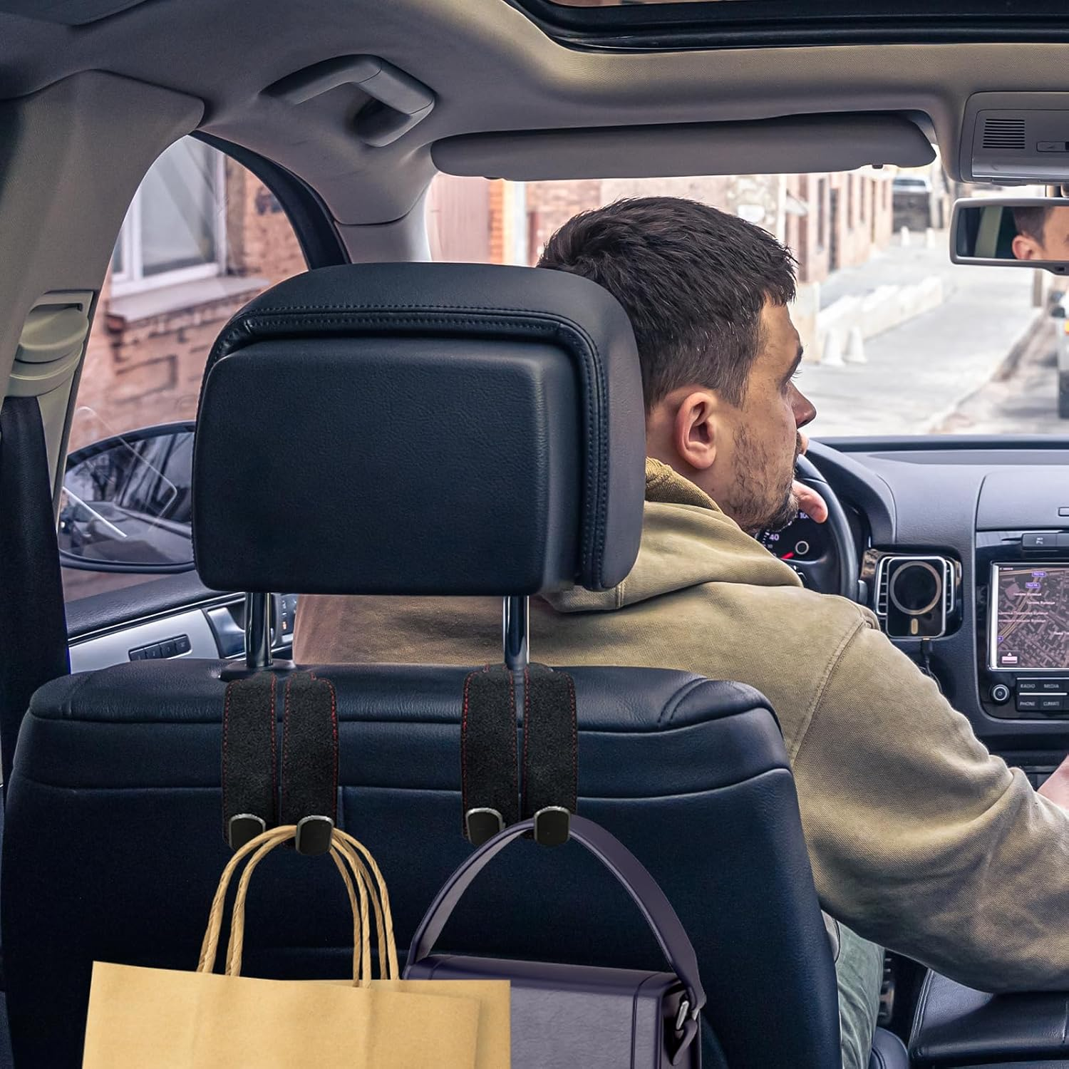 WELANE Car Seat Storage Hooks, 2 PCS Leather Car Seat Storage Hanger for Car Organizers and Storage Accessories (Black) image number 2