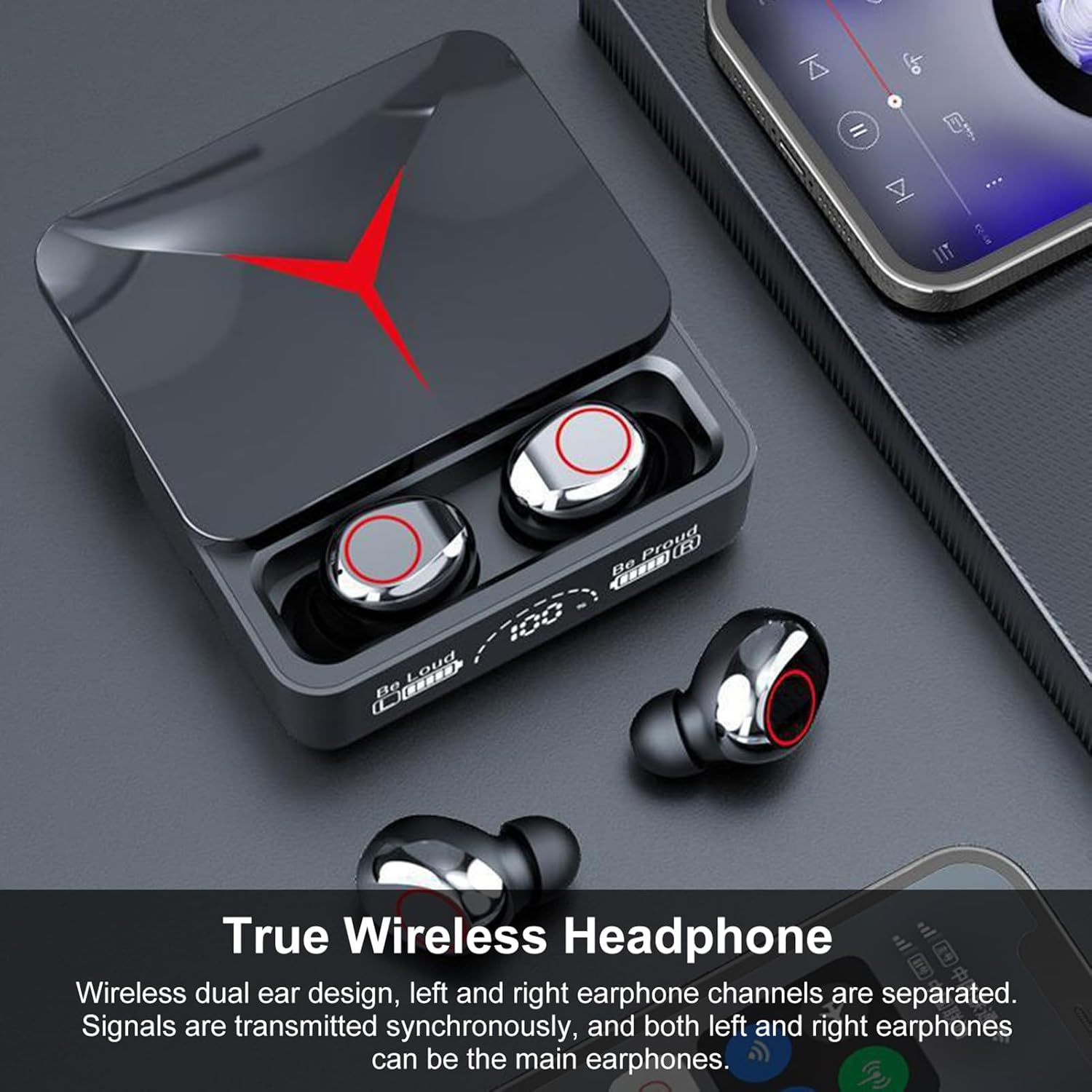 M90 Wireless 5.3 Sport Earbuds with LED Power Meter Portable Charger Case Touch Control 5H Playtime Dual Mic Ergonomic Fit Black image number 5