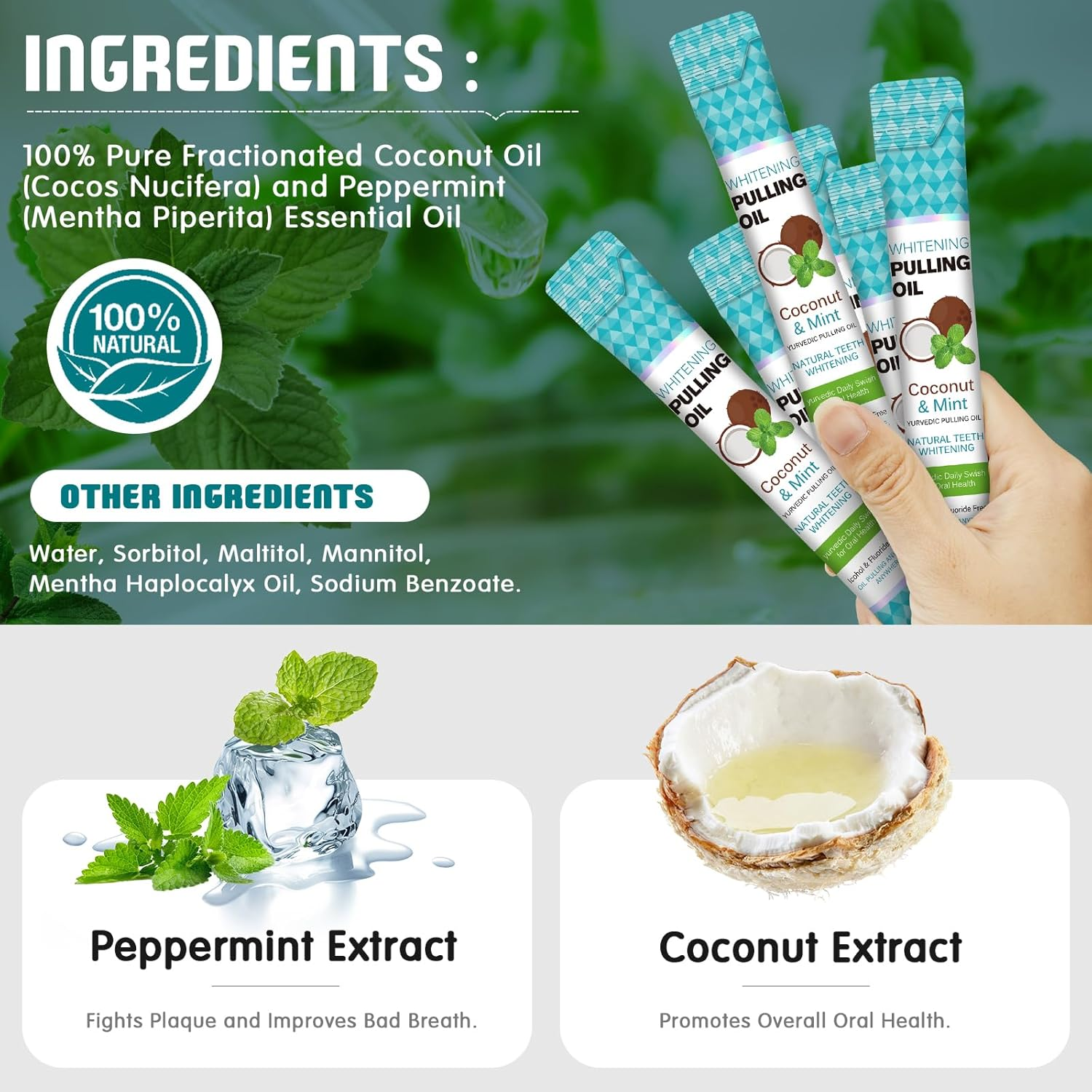 Coconut Pulling Oil 30 Packets, Travel Size Mouthwash Packets, Coconut Oil Pulling for Teeth, Peppermint Mouthwash for Oral Care, Natural, for Tooth Whitening, Fresh Breath and Healthier Tooth & Gum Health image number 2