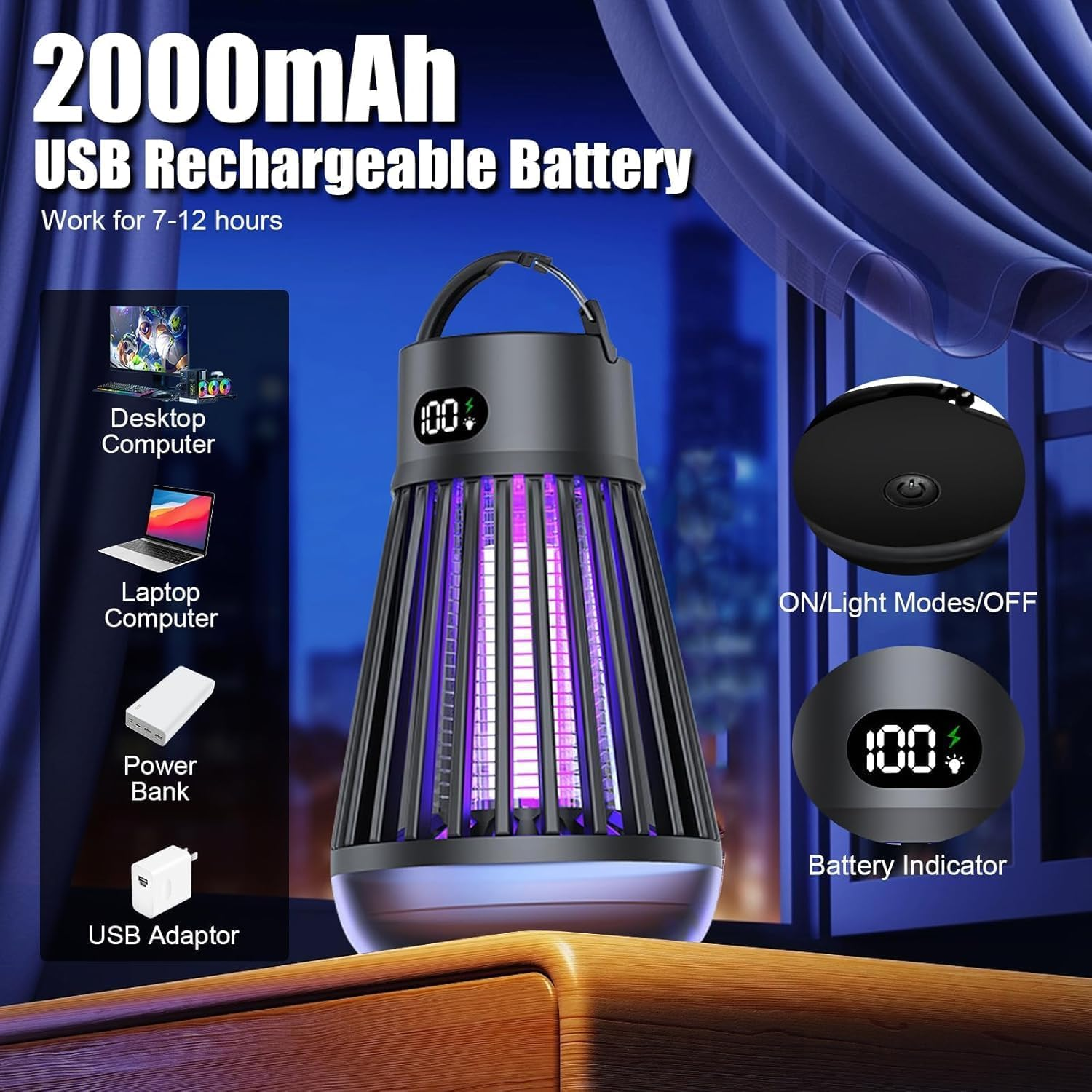 Rechargeable Mosquito Zapper &ndash; 2-In-1 Bug Zapper & LED Lantern, 2000V High Voltage Insect Trap, Silent & Safe for Indoor Outdoor Use, Camping, Garden, Patio image number 5