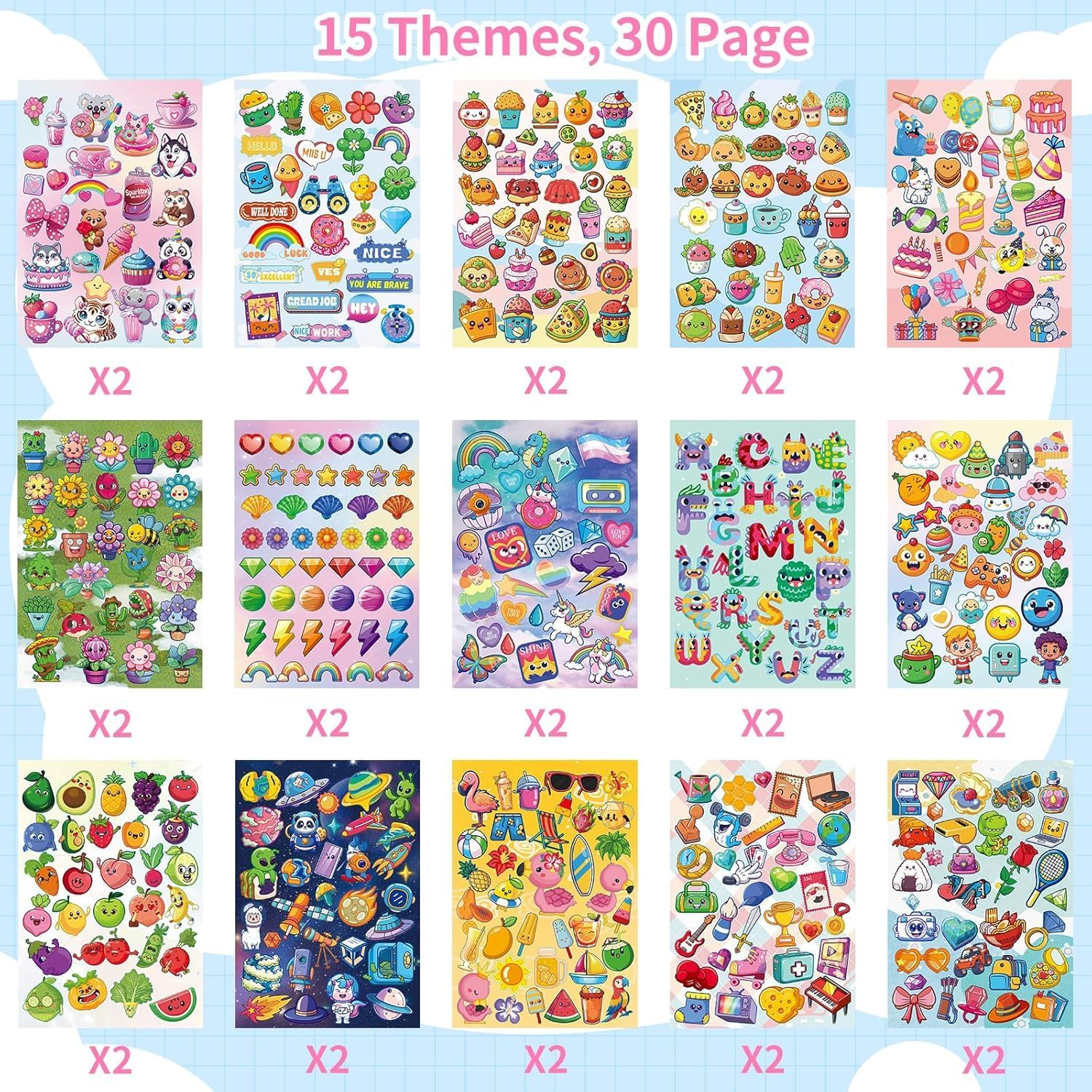 1000+ Cute Animal Sticker Book for Kids,Spiral Bound Sticker Book,Unicorn,Space,Letter,Fruits,Foods,15 Themes 30 Pages Stickers, Water Bottle Stickers Packs for Girls Teens image number 5