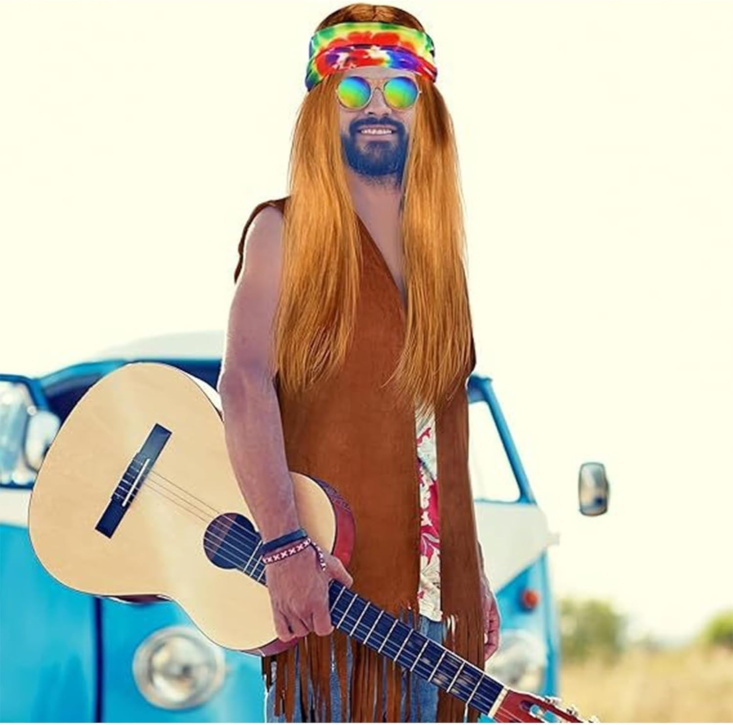 4 PCS Hippie Costume Set, Wig Sunglasses Peace Necklace Colorful Headband, Men'S 70S Disco Style Vintage Fancy Dress for Halloween Party 80S 90S Rock Party Accessories image number 4