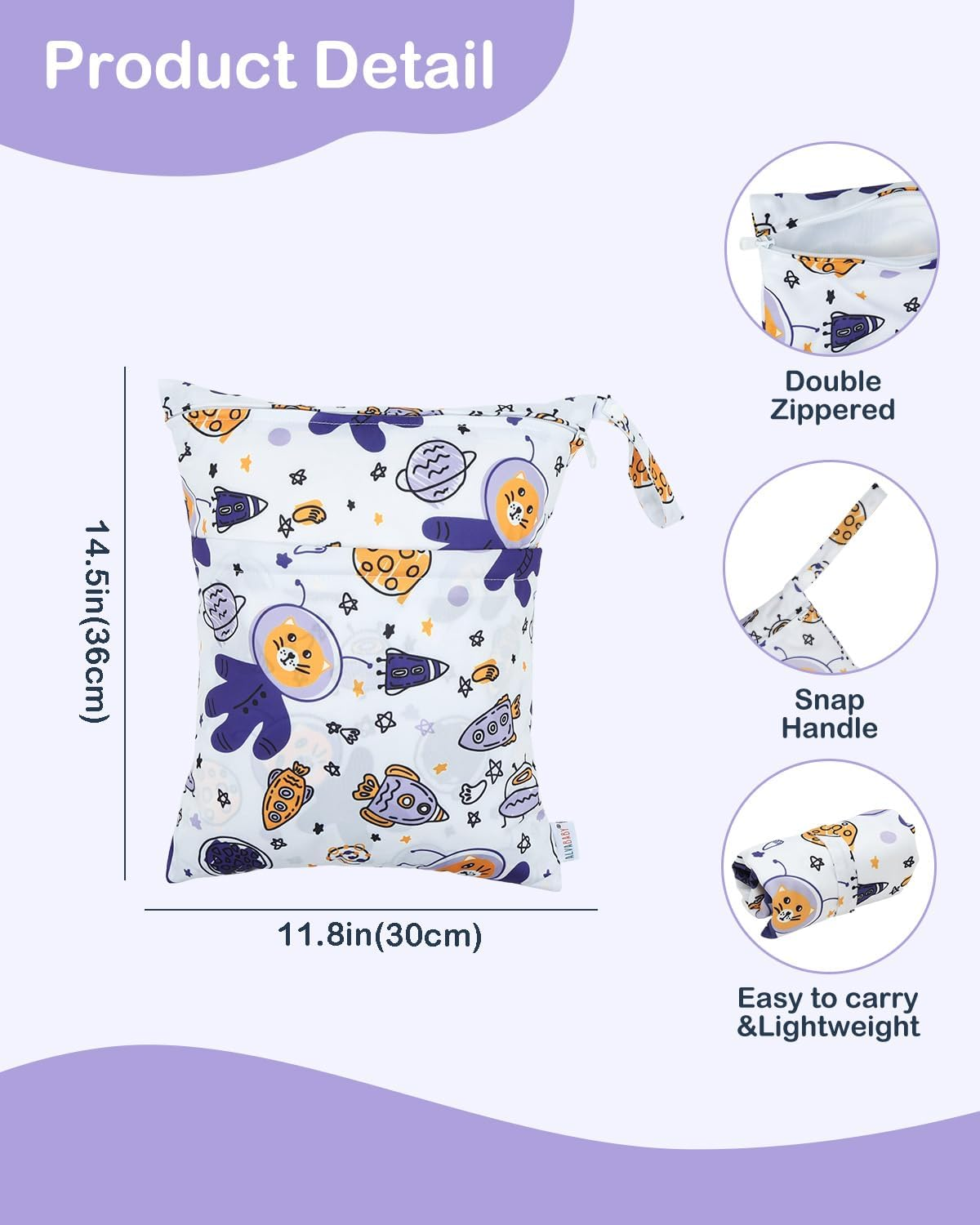 ALVABABY 3 Cloth Diaper Wet Dry Bags Waterproof Reusable with Two Zippered Pockets Travel Beach Pool Daycare Soiled Baby Items Yoga Gym Bag for Swimsuits or Wet Clothes Small Medium Large 3L-ZM28 image number 5