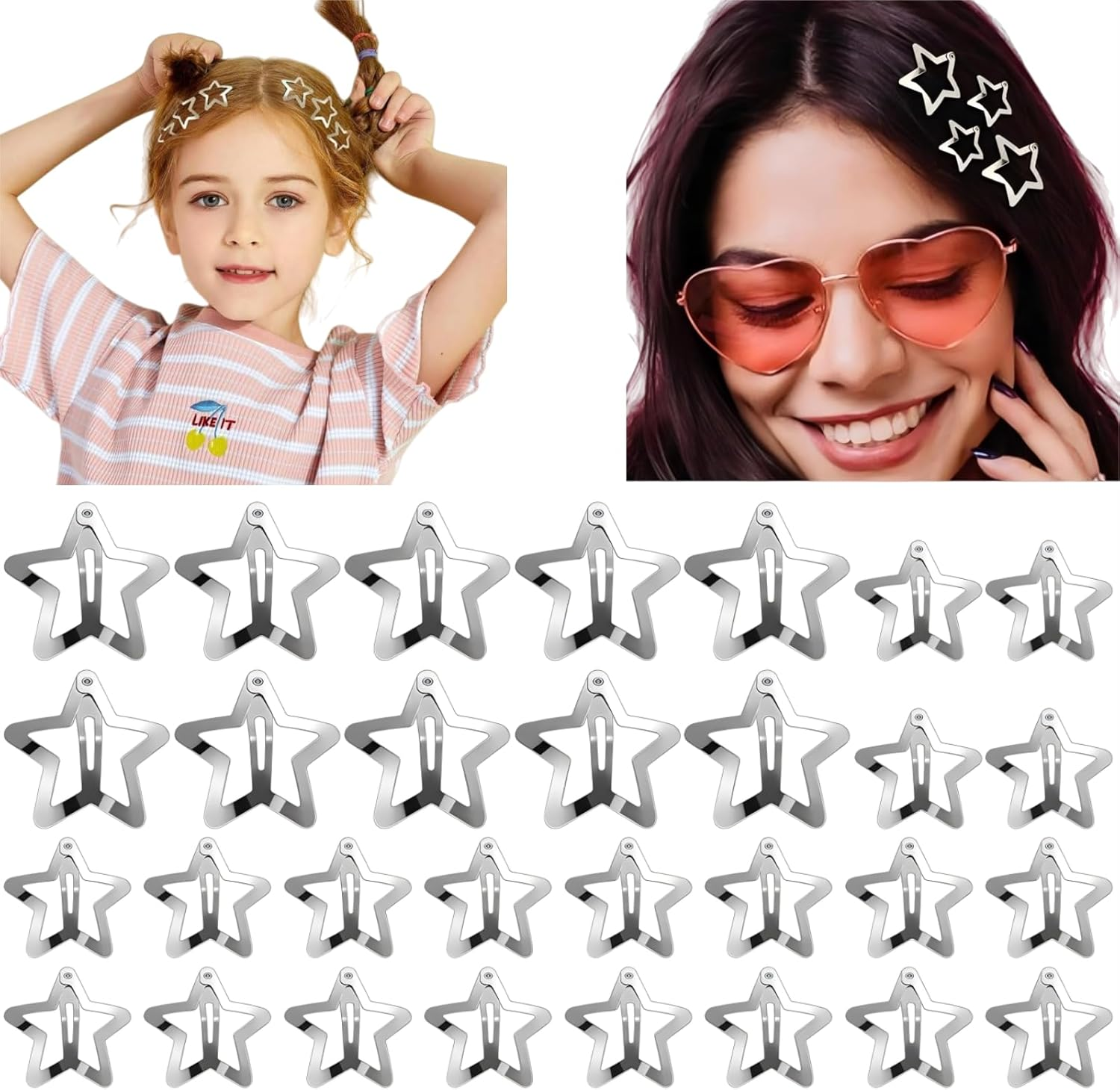 30 PCS Star Hair Clips and Barrettes Set -20 PCS 1.18 "And 10 PCS 1.57" Silver Hair Clips, Anti-Slip Metal Silver Star Clips Hairpin, Fashionable Party Daily Hairpins for Women and Girls