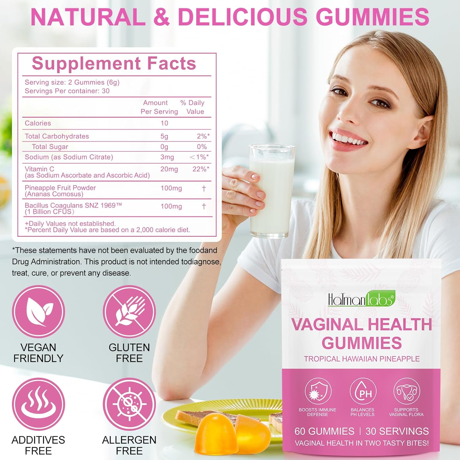 Vaginal Probiotic Gummies for Women | Promotes Balanced Flora, Women&rsquo;S Wellness, and Immune Support with Vitamin C | Natural Pineapple Flavor | 60 Gummies image number 3