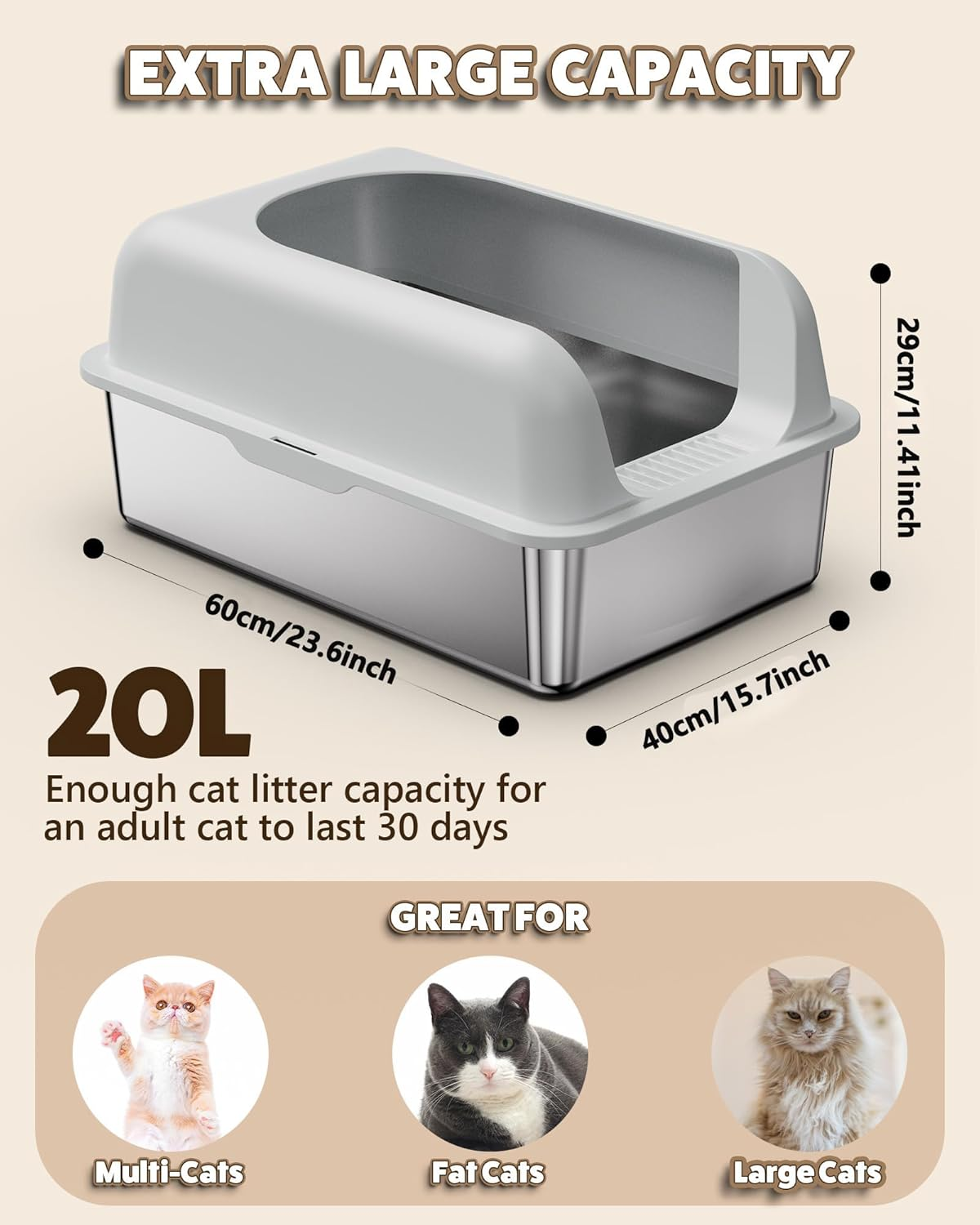 Stainless Steel Litter Box with Lid, Extra Large Cat Litter Box, XL Metal Litter Box for Big Cats with High Wall Slides Enclosure, anti High-Peeing Spraying, Anti-Leakage Non-Sticky Easy to Clean image number 2