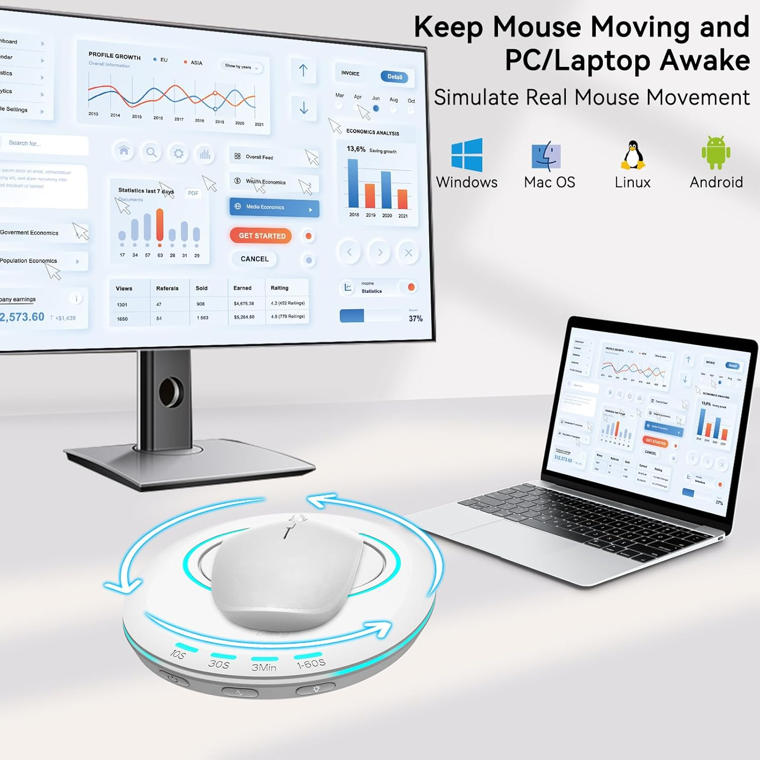 Giecy Mouse Jiggler with Timer Breathing Light, Undetectable Driver-Free Mover with Simulates Realistic Mouse Movement to Keep Computer PC Active (White) image number 4