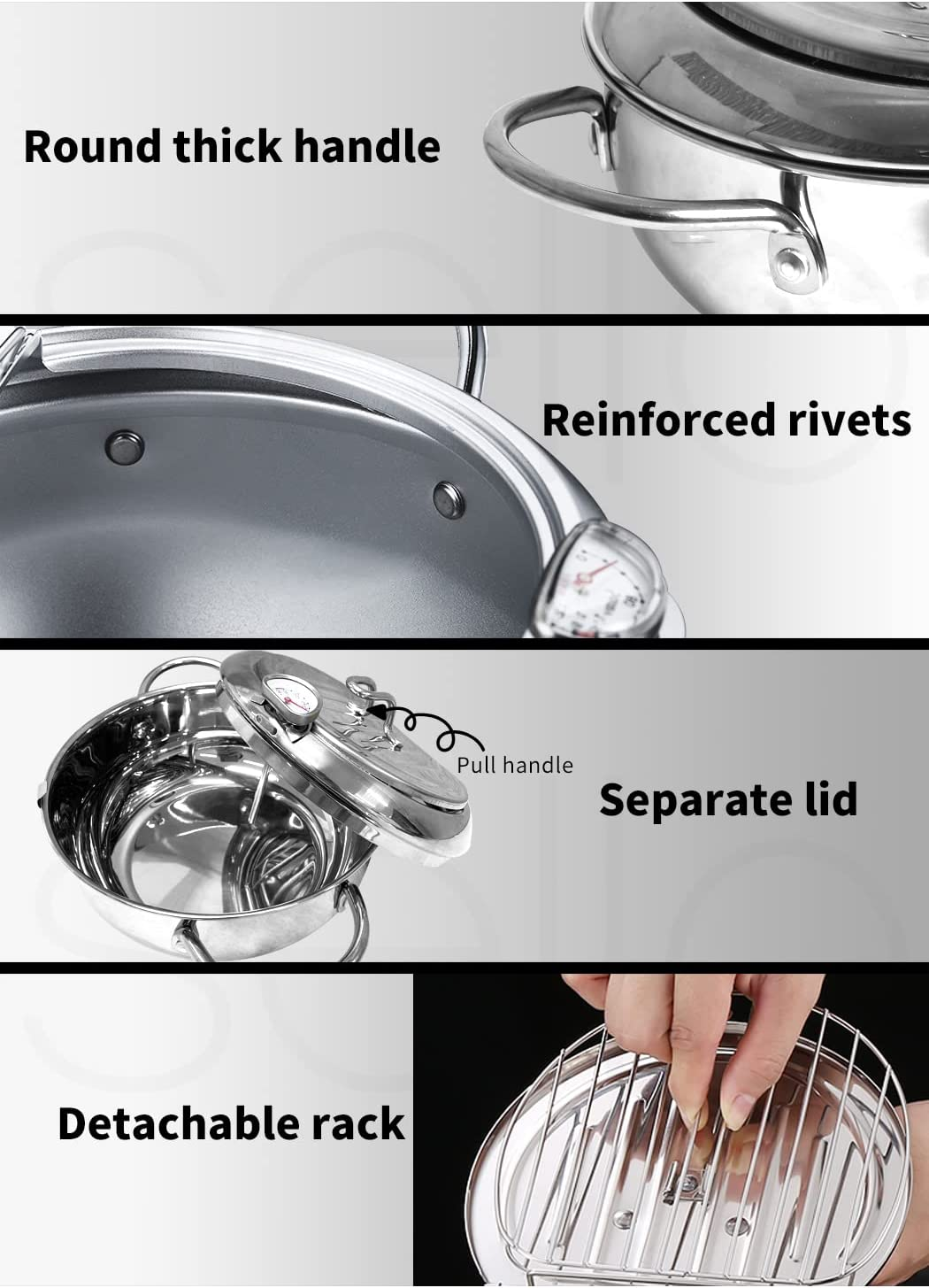 TOQUE 24Cm Japanese Deep Frying Pan Pot Thermometer Kitchen Tempura Fryer Silver, 304 Food Grade Stainless-Steel Pan, Easy to Clean Non Stick Frying Pan, Deep Fryer Cookware, Precise Thermometer image number 3