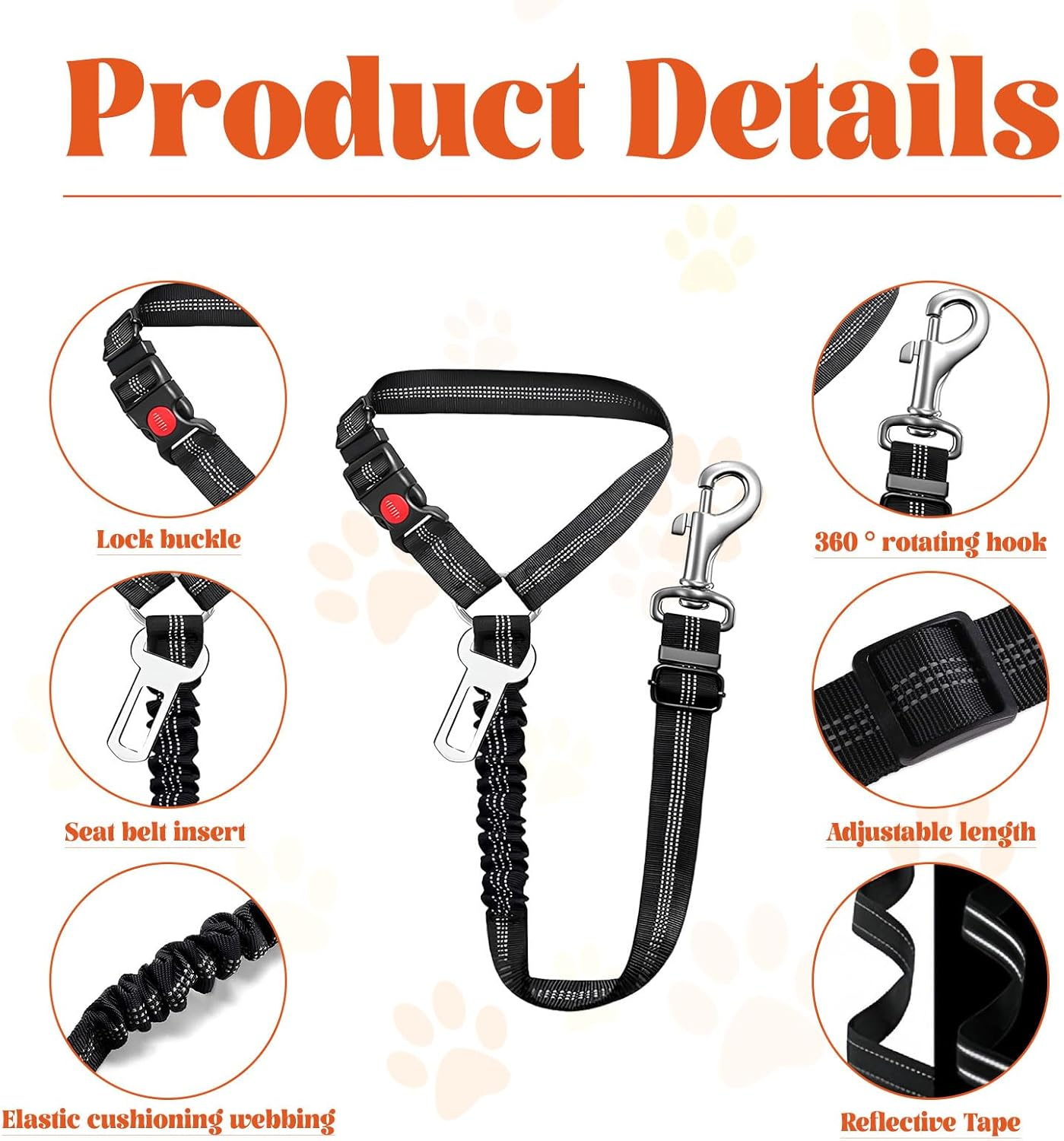 Dog Car Seat Belt, 1 Pcs Dog Seatbelt, 2 in 1 Dog Car Harness with Anti-Shock Restraints Clip, Adjustable Harness Belt with Anti-Shock Elastic Bungee Buffer for All Vehicles (Black) image number 5