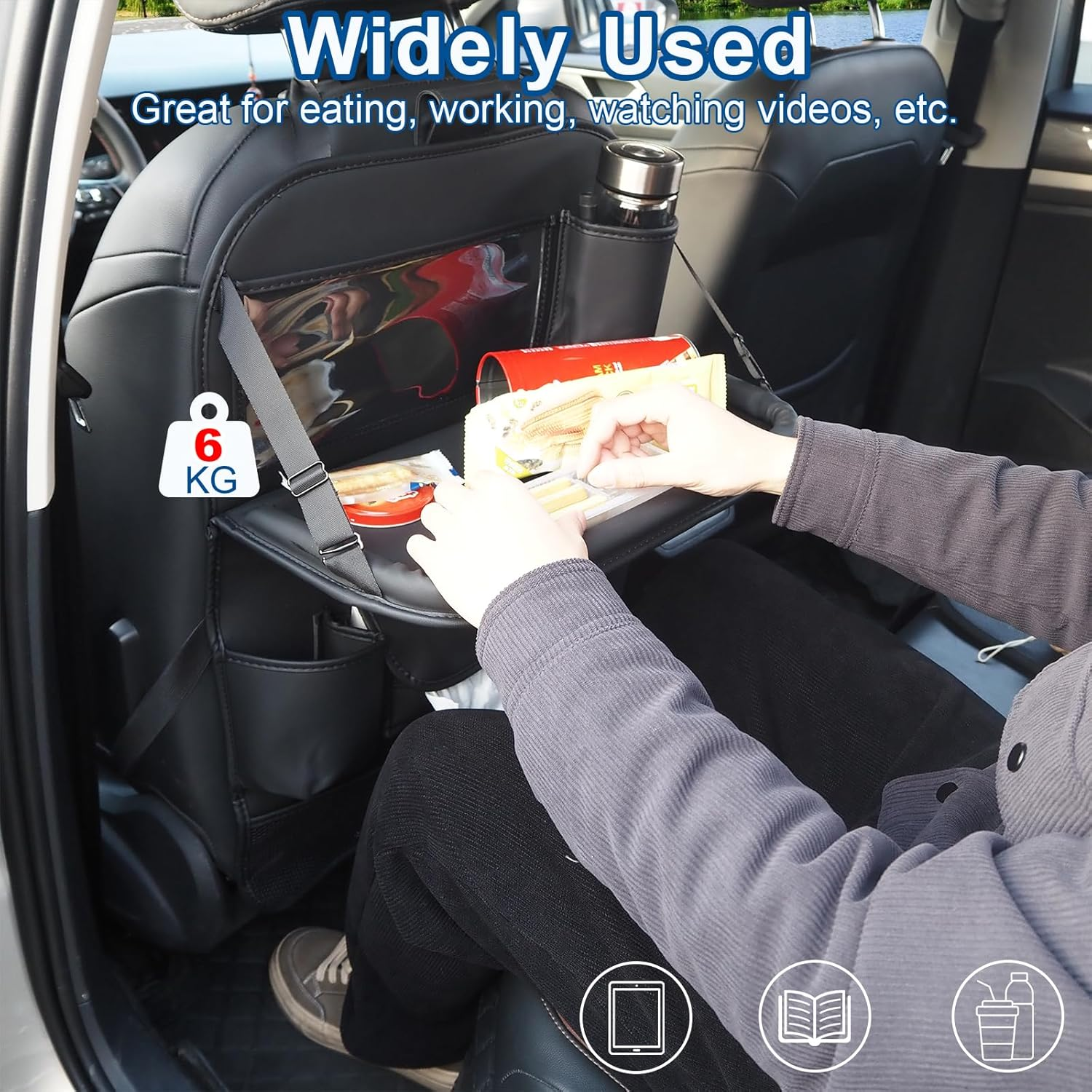 Nappa Leather Car Seat Organizer Kids Travel Tray [1 Pack], Foldable Car Backseat Tablet Holder Storage Bag, Universal Auto Organizer for Car SUV, Multifunction Seat Back Kick Mat Protector image number 5